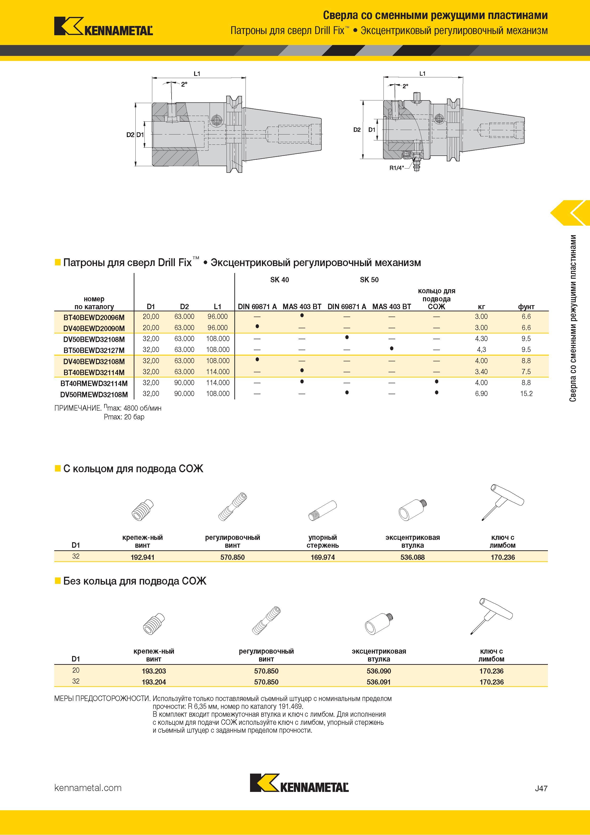 371 Kennametal Сверла со сменными режущими пластинами Патроны для сверл Drill Fix Эксцентриковый регулировочный механизм L1 D2 ш ули Патроны для сверл Dr Каталог KENNAMETAL 2018 Режущий инструмент для обработки отверстий в металлах и сплавах Быстрорежущие метчики и раскатники Сборные фрезы с СРП и твердосплавные Стр. J47