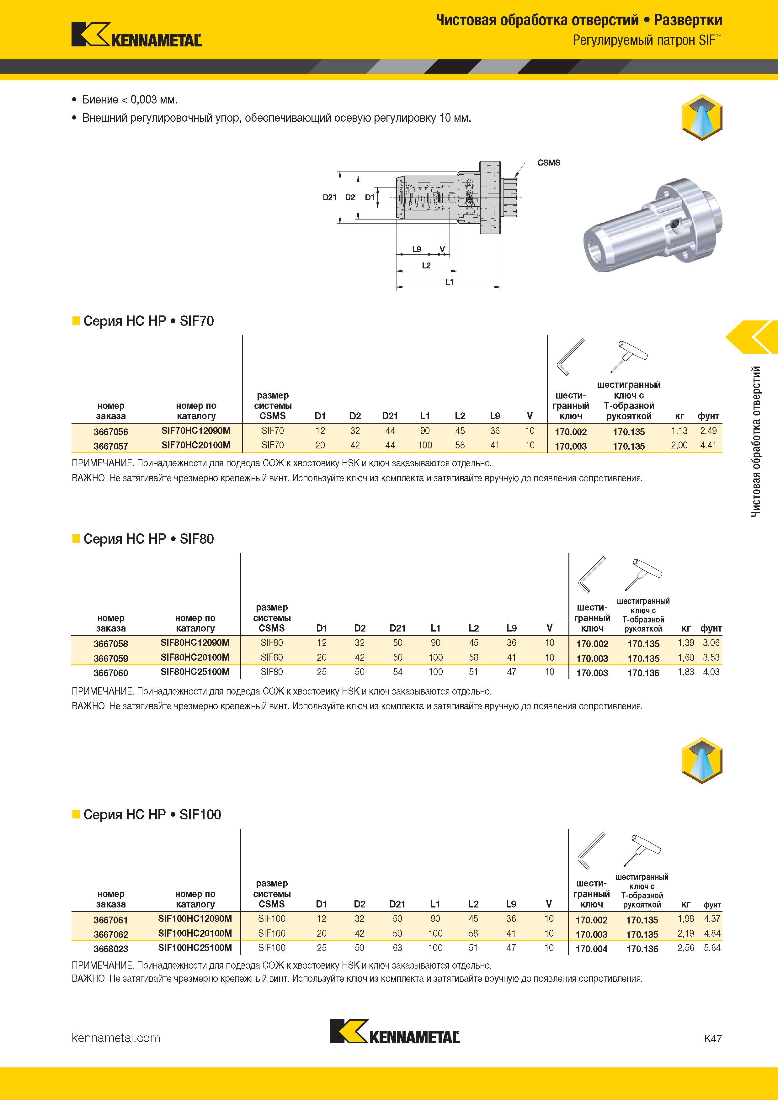 473 Kennametal Чистовая обработка отверстий Развертки Регулируемый патрон SIF Биение < 0,003 мм Внешний регулировочный упор, обеспечивающий осевую регули Каталог KENNAMETAL 2018 Режущий инструмент для обработки отверстий в металлах и сплавах Быстрорежущие метчики и раскатники Сборные фрезы с СРП и твердосплавные Стр. K47