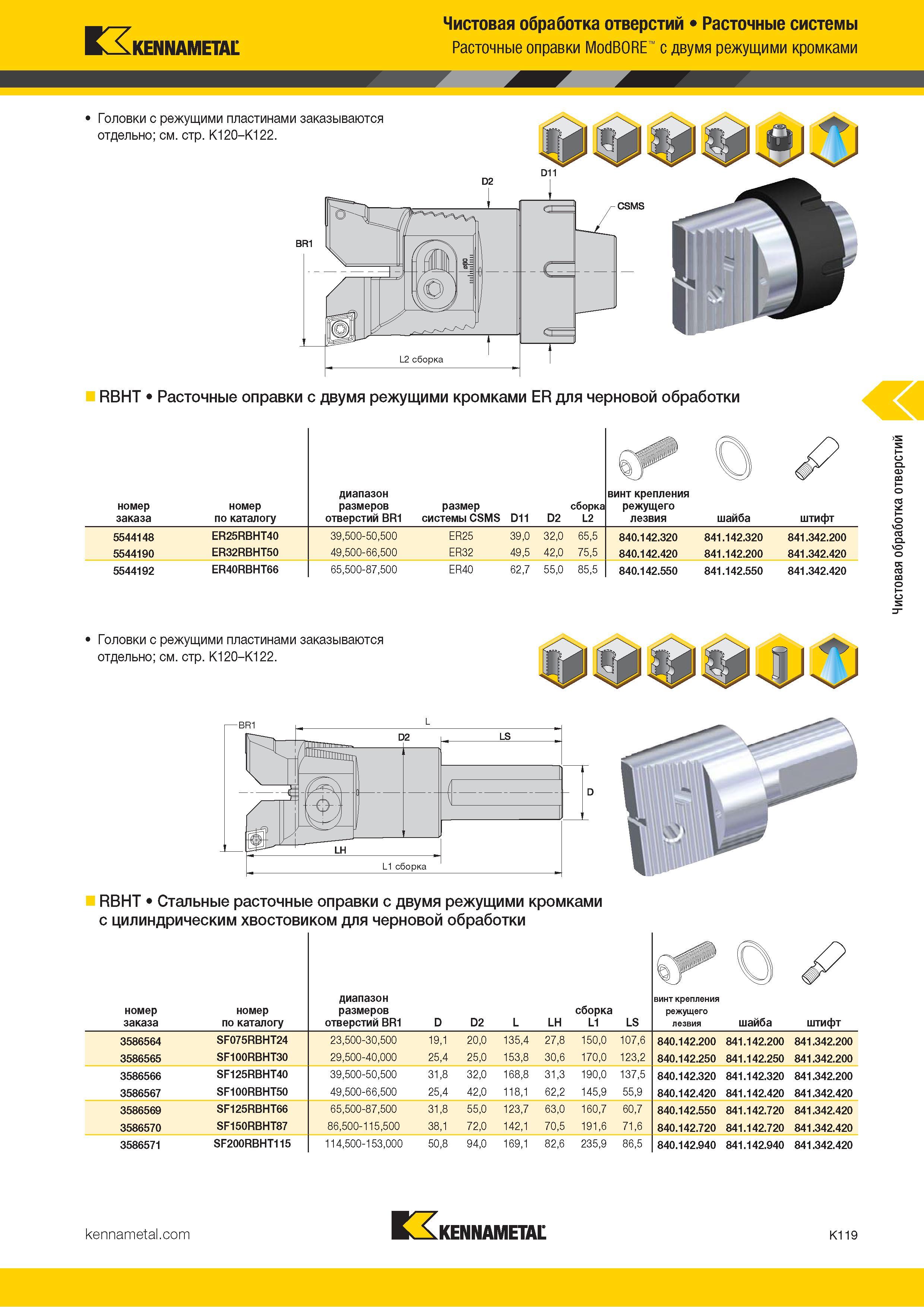 545 Kennametal Чистовая обработка отверстий Расточные системы Расточные оправки ModBORE с двумя режущими кромками Головки с режущими пластинами заказываю Каталог KENNAMETAL 2018 Режущий инструмент для обработки отверстий в металлах и сплавах Быстрорежущие метчики и раскатники Сборные фрезы с СРП и твердосплавные Стр. K119