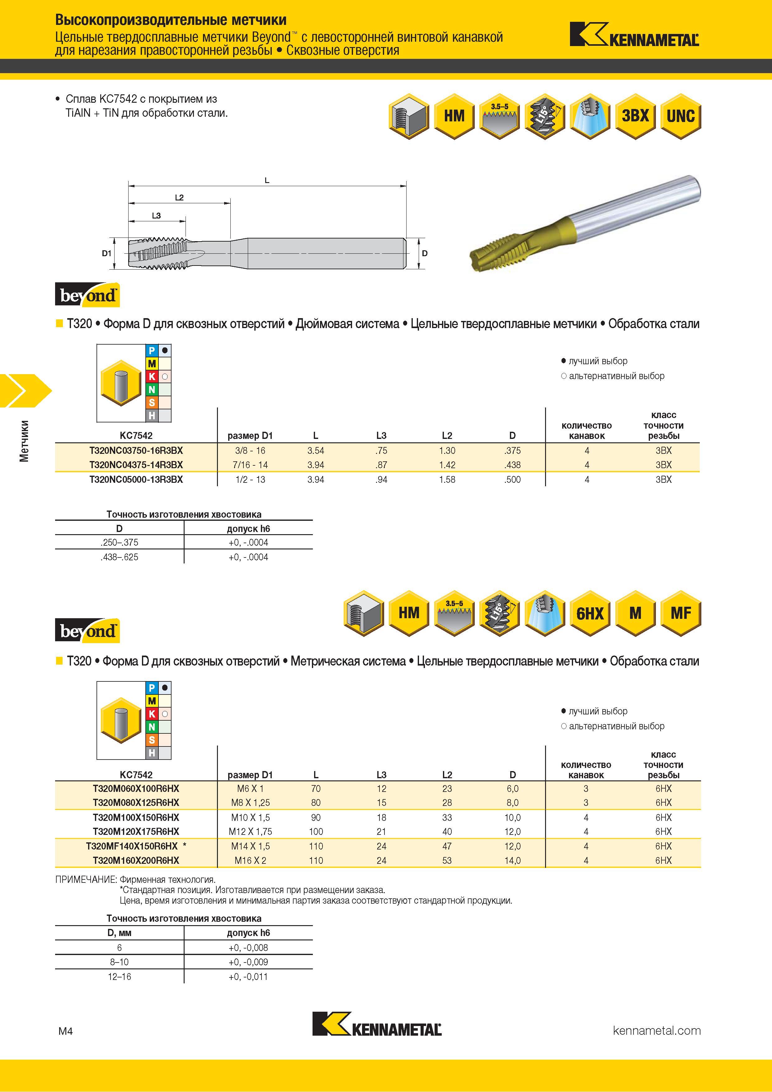 660 Цельные твердосплавные метчики Beyond с левосторонней винтовой канавкой Kennametal для нарезания правосторонней резьбы Сквозные отверстия T320 Форма Каталог KENNAMETAL 2018 Режущий инструмент для обработки отверстий в металлах и сплавах Быстрорежущие метчики и раскатники Сборные фрезы с СРП и твердосплавные Стр. M4