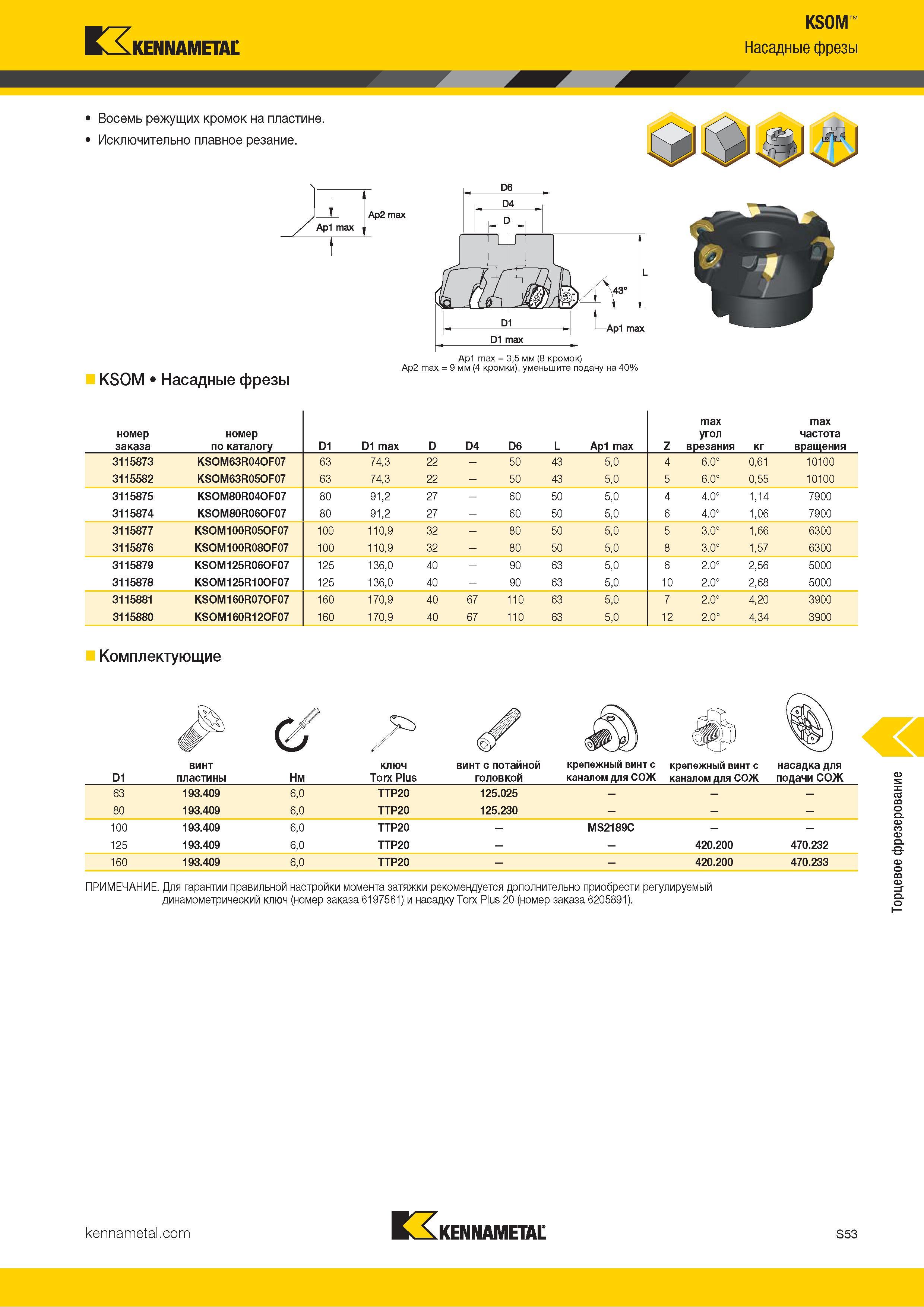 1171 Kennametal KSOM Насадные фрезы Восемь режущих кромок на пластине Исключительно плавное резание KSOM Насадные фрезы Ар1 max Ар2 max Ap2 max = 9 мм (4 Каталог KENNAMETAL 2018 Режущий инструмент для обработки отверстий в металлах и сплавах Быстрорежущие метчики и раскатники Сборные фрезы с СРП и твердосплавные Стр. S53