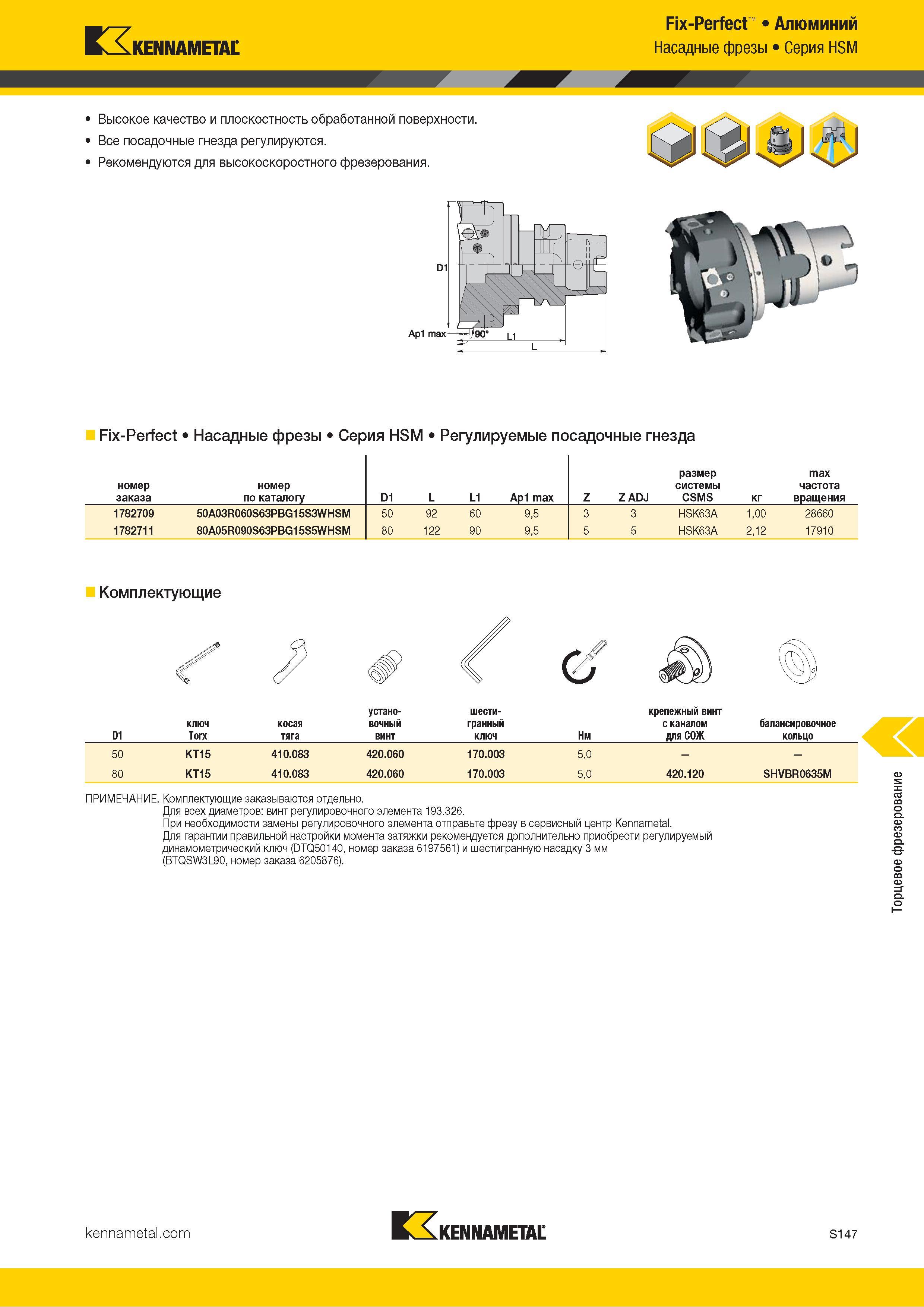 1265 Kennametal Fix-Perfect Алюминий Насадные фрезы Серия HSM Высокое качество и плоскостность обработанной поверхности Все посадочные гнезда регулируются Каталог KENNAMETAL 2018 Режущий инструмент для обработки отверстий в металлах и сплавах Быстрорежущие метчики и раскатники Сборные фрезы с СРП и твердосплавные Стр. S147