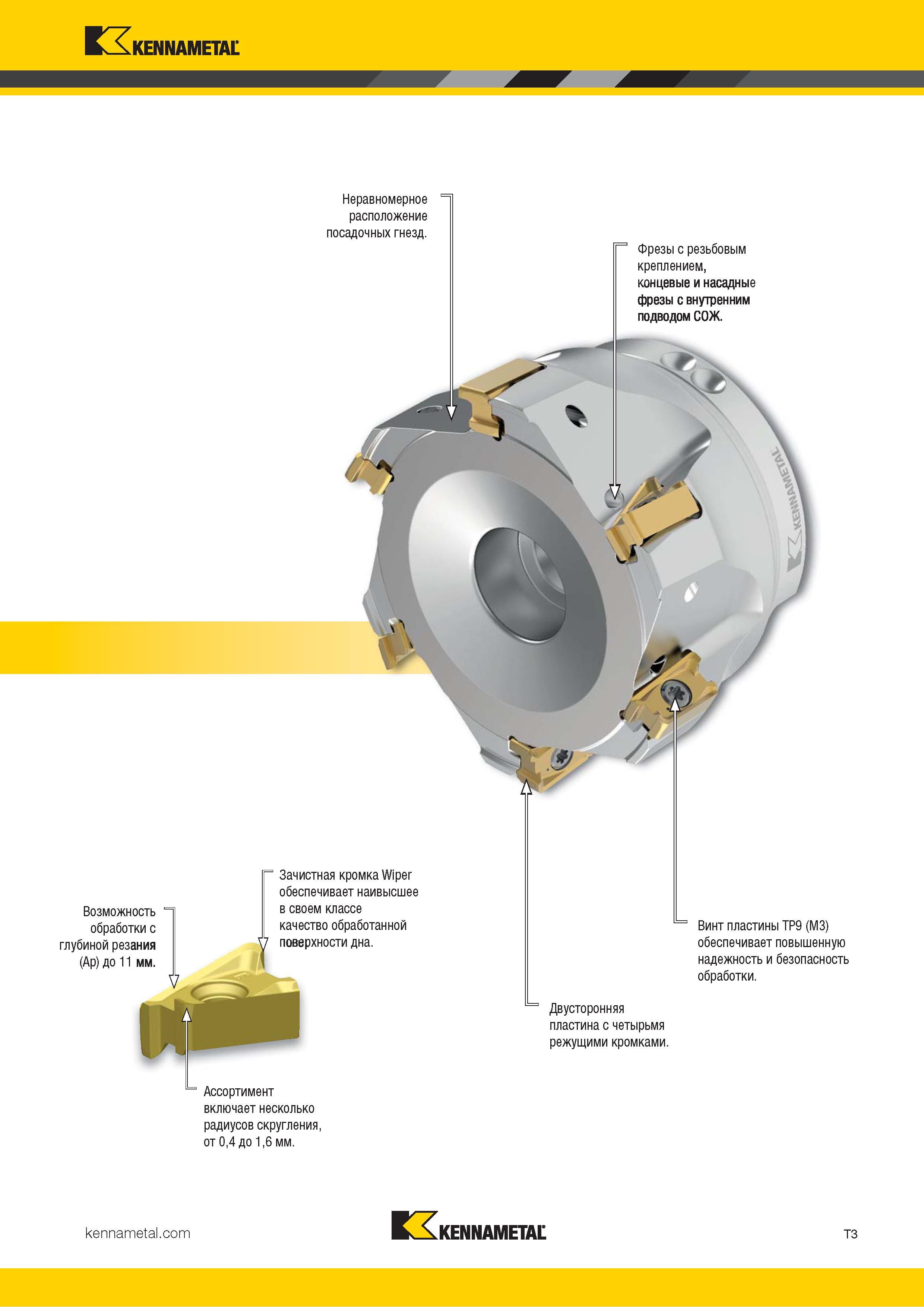 1273 Kennametal Возможность обработки с глубиной резания (Ар) до 11 мм Неравномерное расположение посадочных гнезд Зачистная кромка Wiper обеспечивает наи Каталог KENNAMETAL 2018 Режущий инструмент для обработки отверстий в металлах и сплавах Быстрорежущие метчики и раскатники Сборные фрезы с СРП и твердосплавные Стр. T3