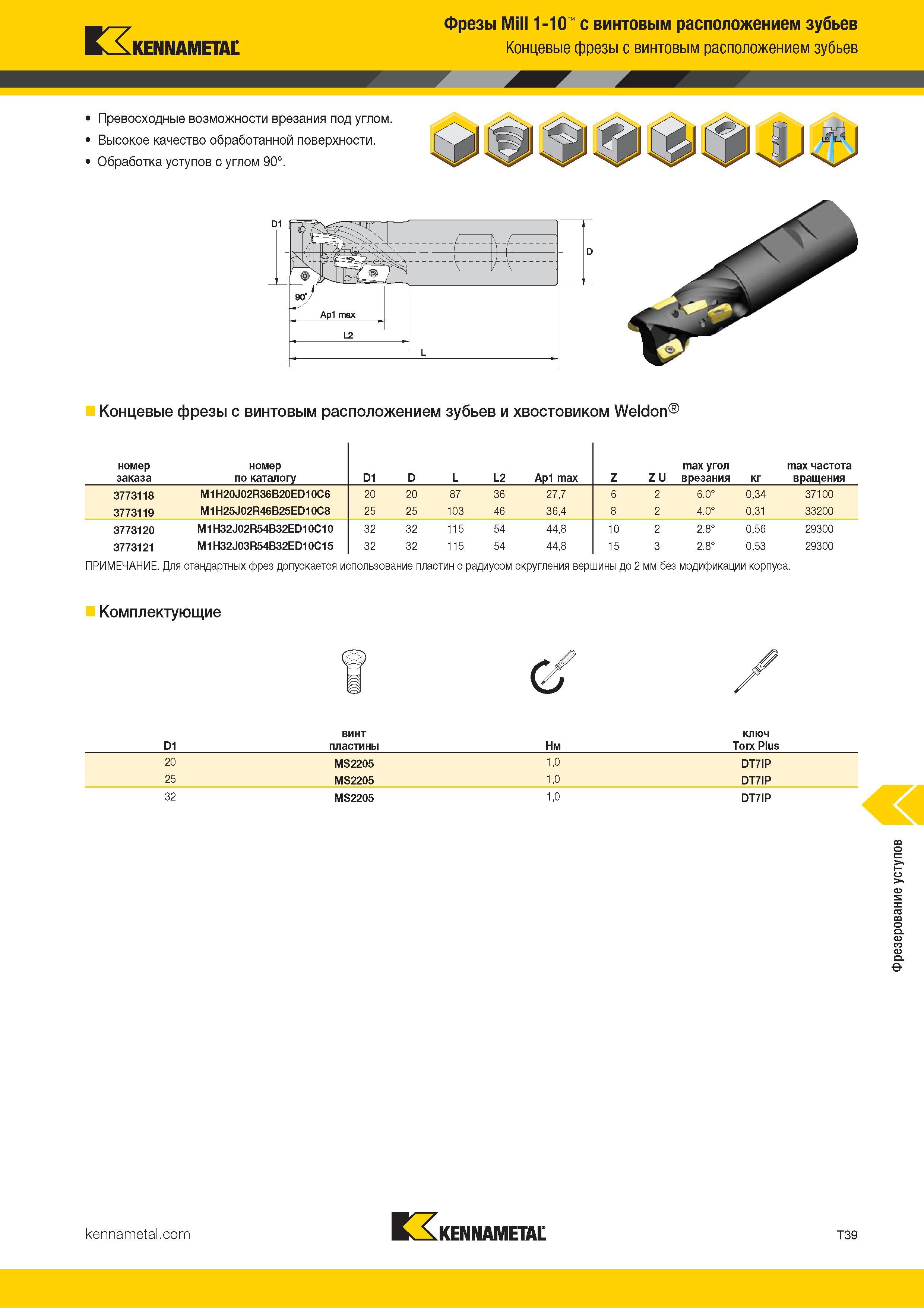1309 Kennametal Фрезы Mill 1-10 с винтовым расположением зубьев Концевые фрезы с винтовым расположением зубьев Превосходные возможности врезания под углом Каталог KENNAMETAL 2018 Режущий инструмент для обработки отверстий в металлах и сплавах Быстрорежущие метчики и раскатники Сборные фрезы с СРП и твердосплавные Стр. T39