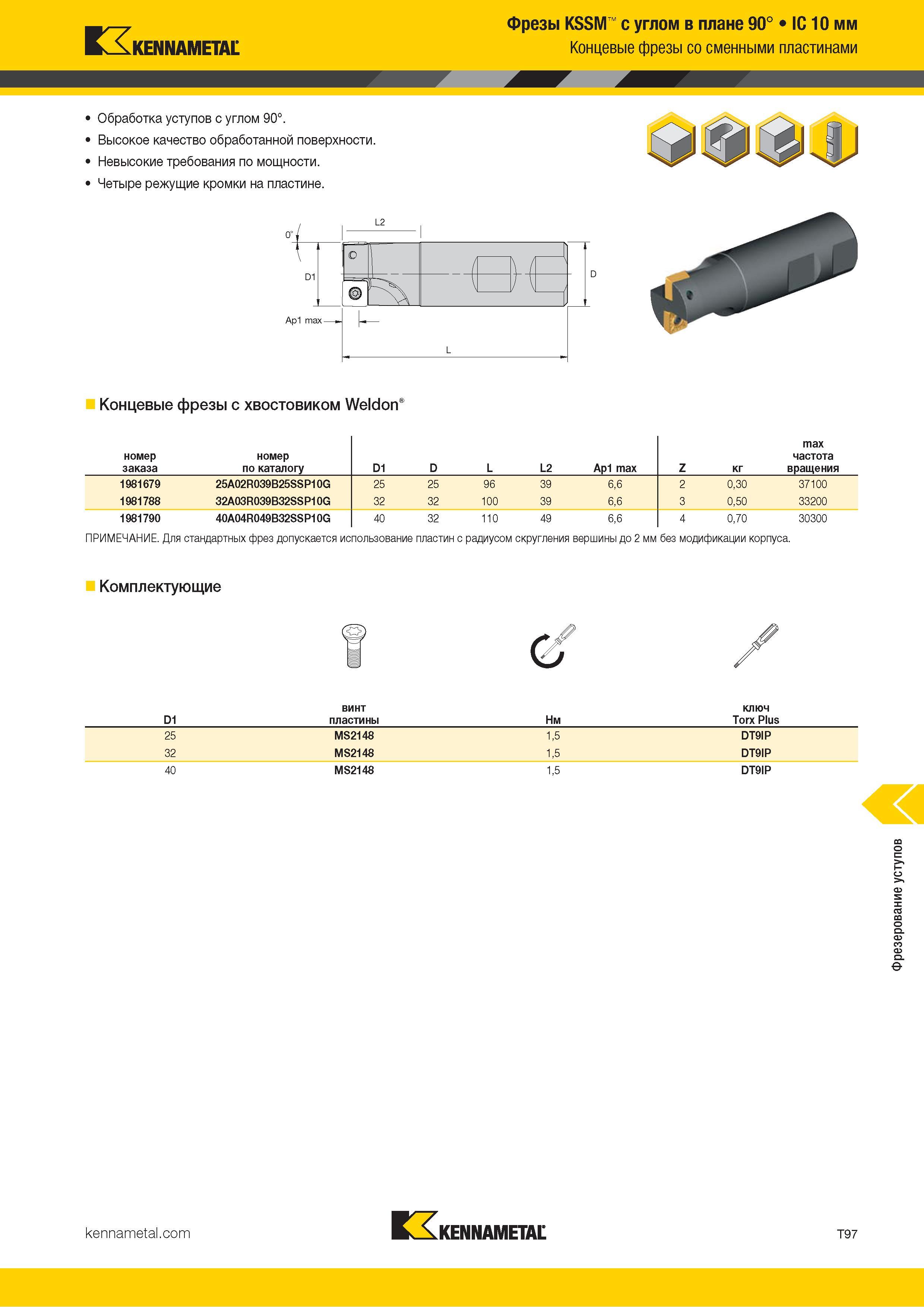 1367 Kennametal Фрезы KSSM с углом в плане 90° IC 10 мм Концевые фрезы со сменными пластинами Обработка уступов с углом 90° Высокое качество обработанной Каталог KENNAMETAL 2018 Режущий инструмент для обработки отверстий в металлах и сплавах Быстрорежущие метчики и раскатники Сборные фрезы с СРП и твердосплавные Стр. T97
