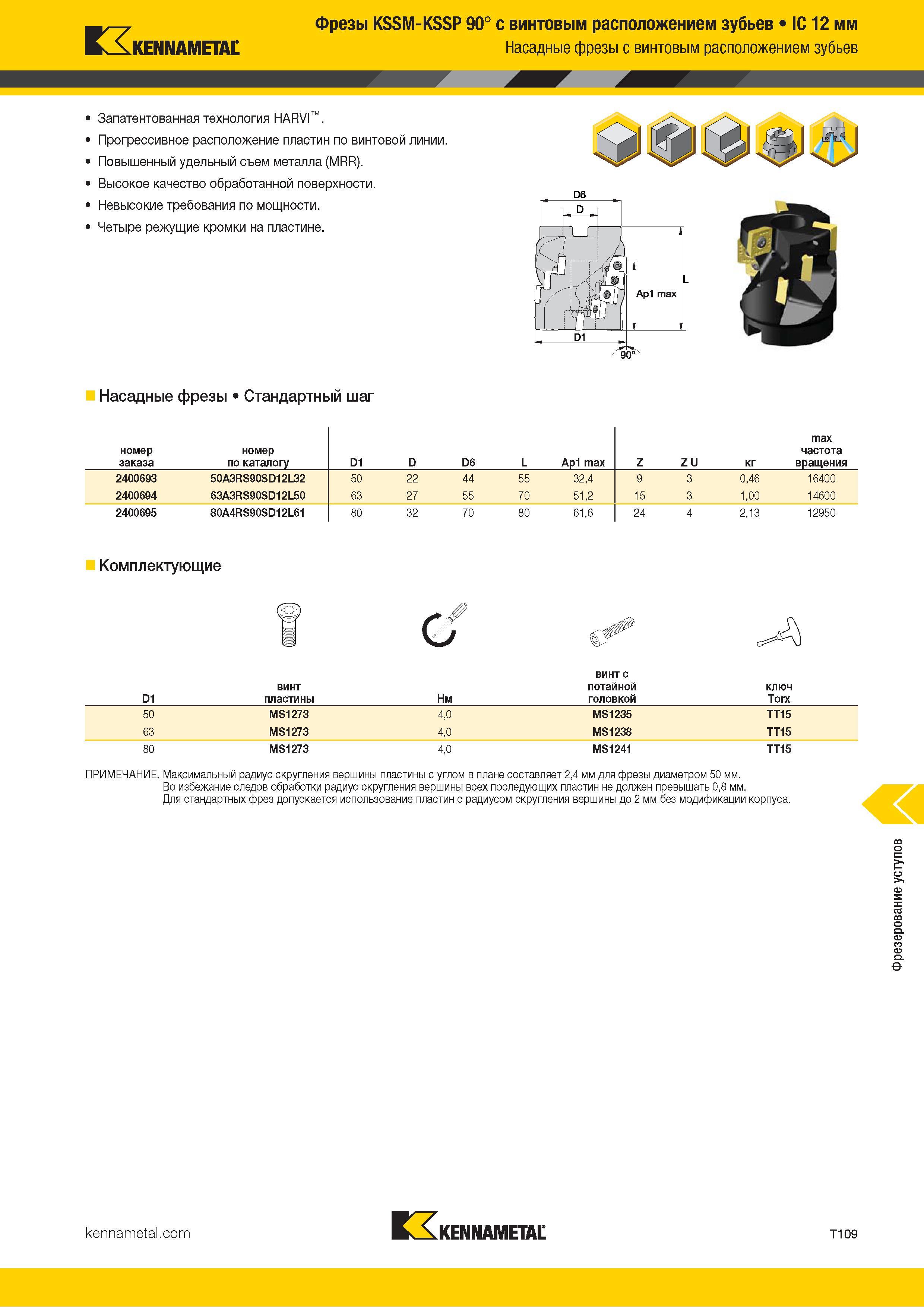 1379 Kennametal Фрезы KSSM-KSSP 90° с винтовым расположением зубьев 4012 мм Насадные фрезы с винтовым расположением зубьев Запатентованная технология HARV Каталог KENNAMETAL 2018 Режущий инструмент для обработки отверстий в металлах и сплавах Быстрорежущие метчики и раскатники Сборные фрезы с СРП и твердосплавные Стр. T109