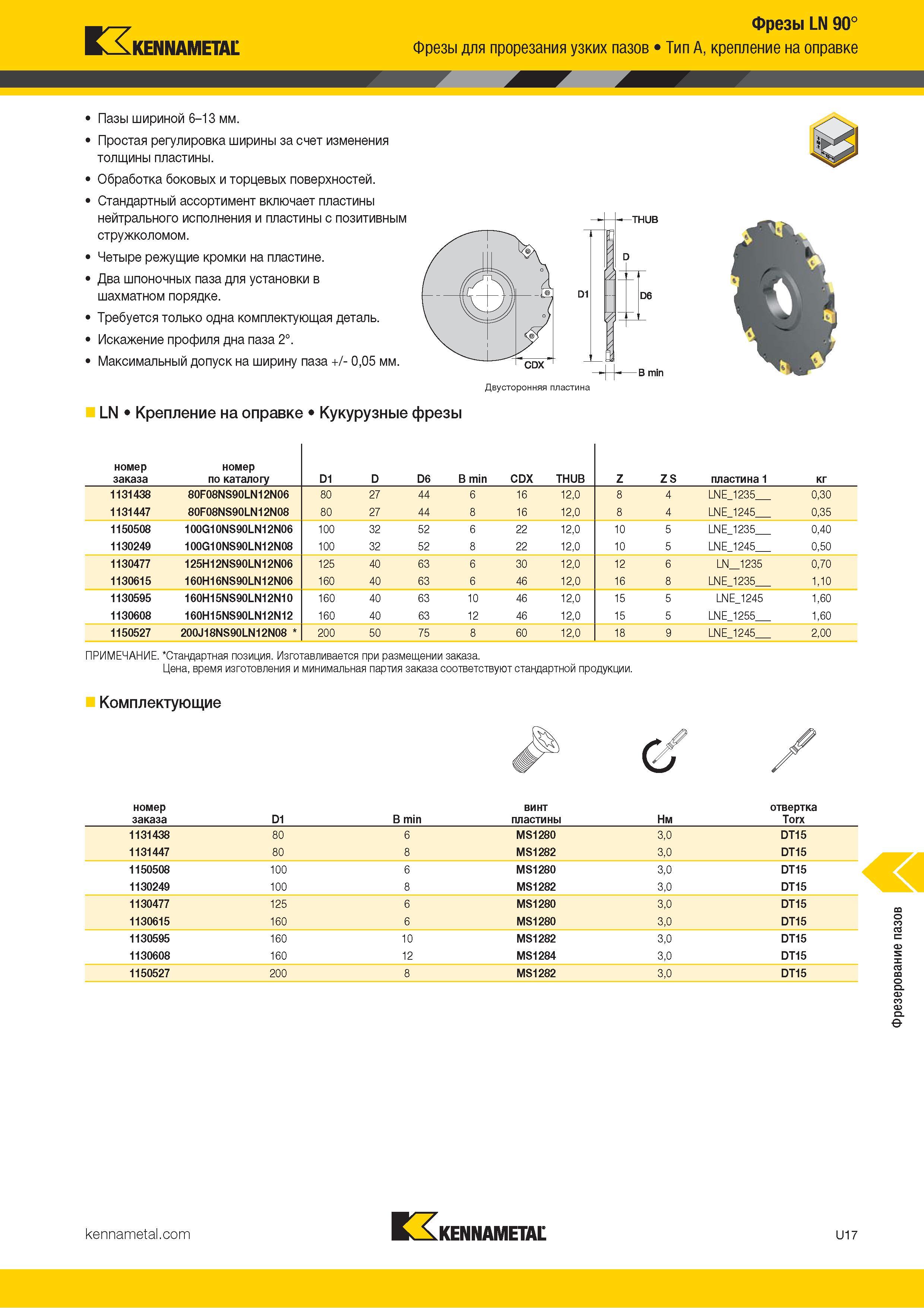 1411 Kennametal Фрезы LN 90° Фрезы для прорезания узких пазов Тип A, крепление на оправке Пазы шириной 6-13 мм Простая регулировка ширины за счет изменени Каталог KENNAMETAL 2018 Режущий инструмент для обработки отверстий в металлах и сплавах Быстрорежущие метчики и раскатники Сборные фрезы с СРП и твердосплавные Стр. U17