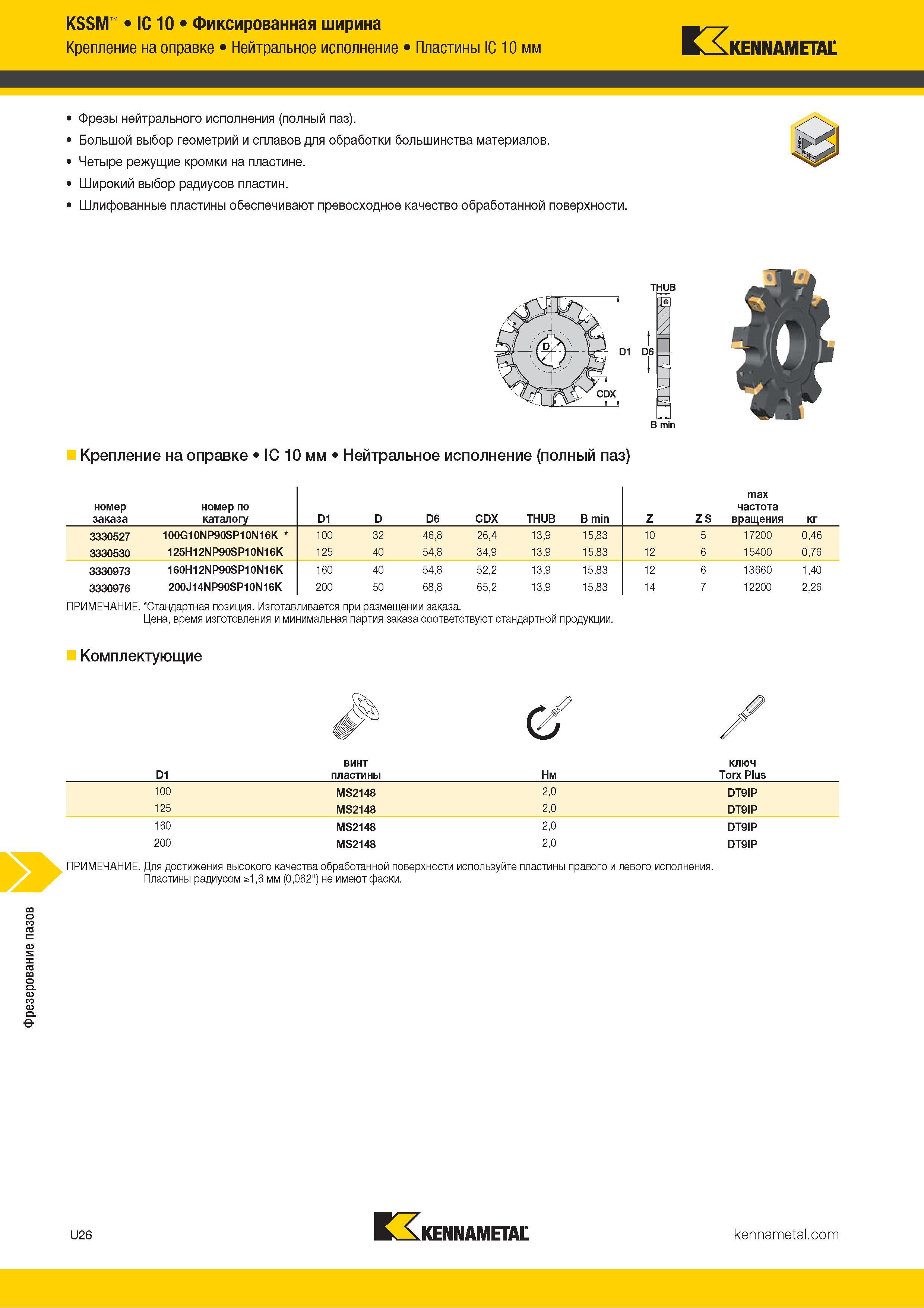 1420 Фрезерование пазов KSSM IC 10 Фиксированная ширина Крепление на оправке Нейтральное исполнение Пластины IC 10 мм Kennametal Фрезы нейтрального исполн Каталог KENNAMETAL 2018 Режущий инструмент для обработки отверстий в металлах и сплавах Быстрорежущие метчики и раскатники Сборные фрезы с СРП и твердосплавные Стр. U26