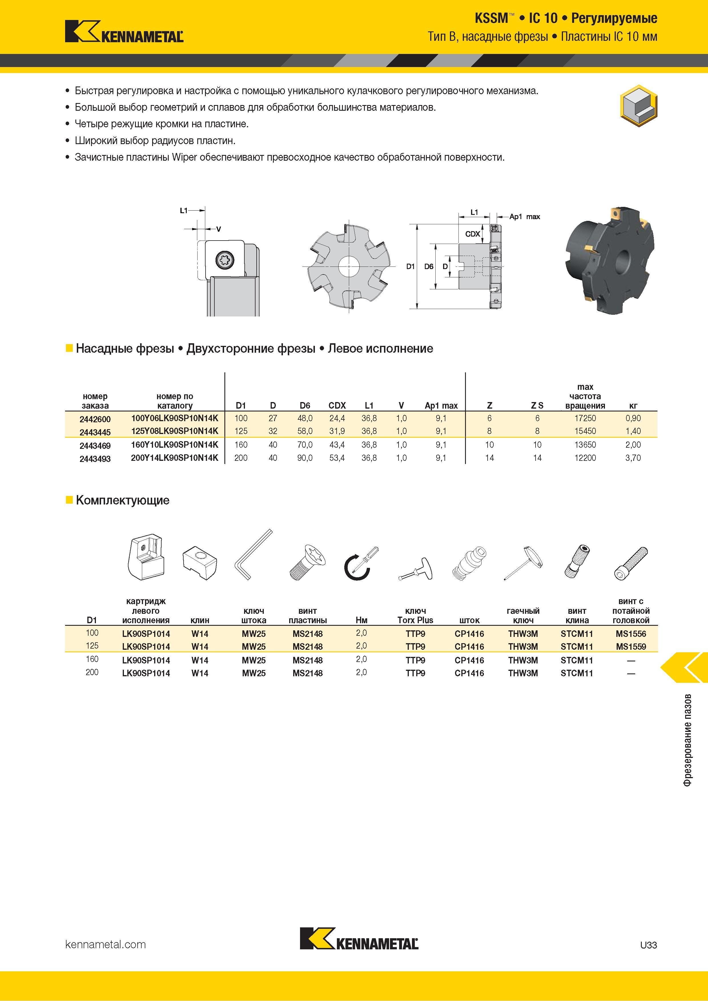 1427 Kennametal KSSM IC 10 Регулируемые Тип B, насадные фрезы Пластины IC 10 мм Быстрая регулировка и настройка с помощью уникального кулачкового регулиро Каталог KENNAMETAL 2018 Режущий инструмент для обработки отверстий в металлах и сплавах Быстрорежущие метчики и раскатники Сборные фрезы с СРП и твердосплавные Стр. U33