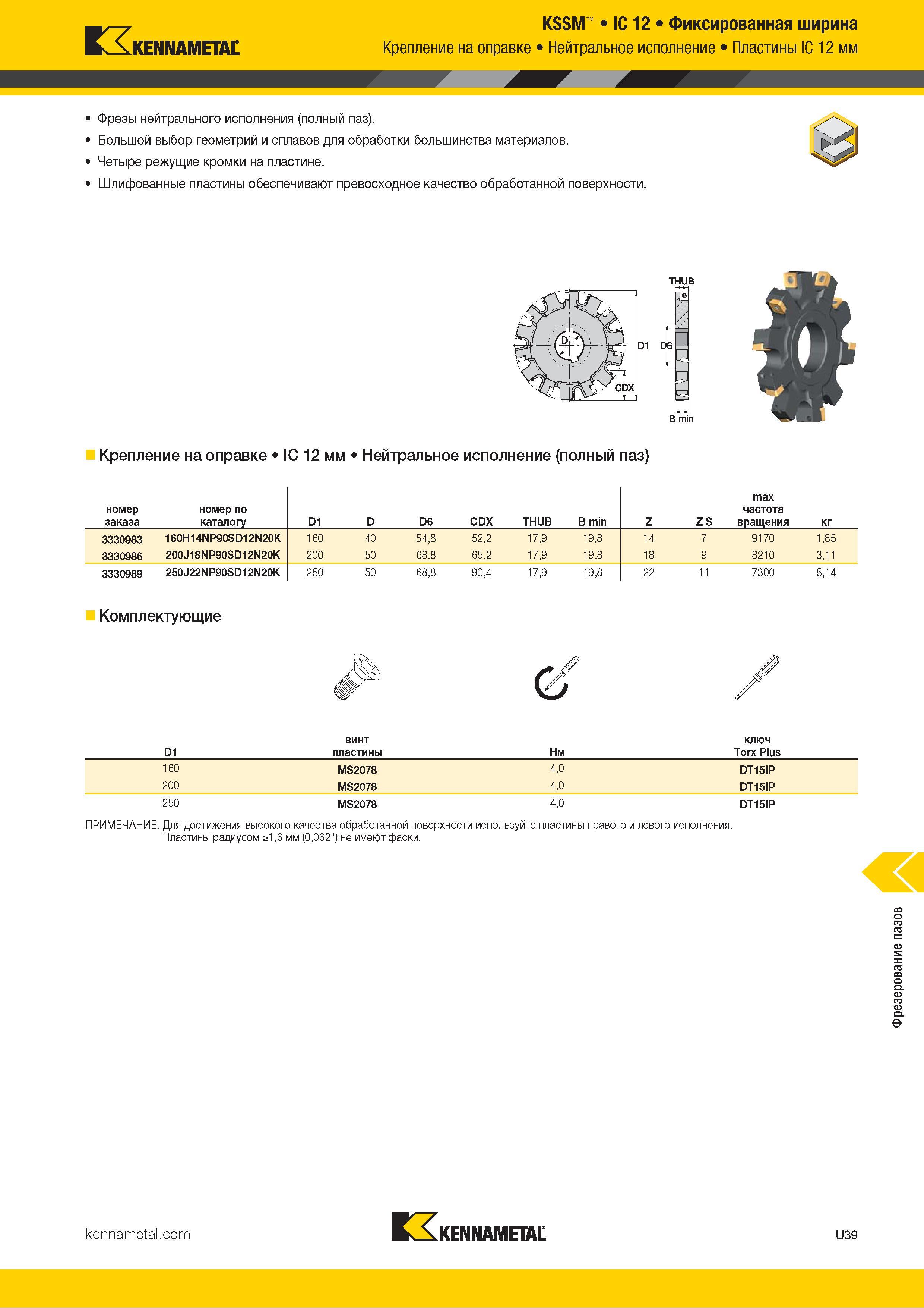 1433 Kennametal KSSM IC 12 Фиксированная ширина Крепление на оправке Нейтральное исполнение Пластины IC 12 мм Фрезы нейтрального исполнения (полный паз) Б Каталог KENNAMETAL 2018 Режущий инструмент для обработки отверстий в металлах и сплавах Быстрорежущие метчики и раскатники Сборные фрезы с СРП и твердосплавные Стр. U39