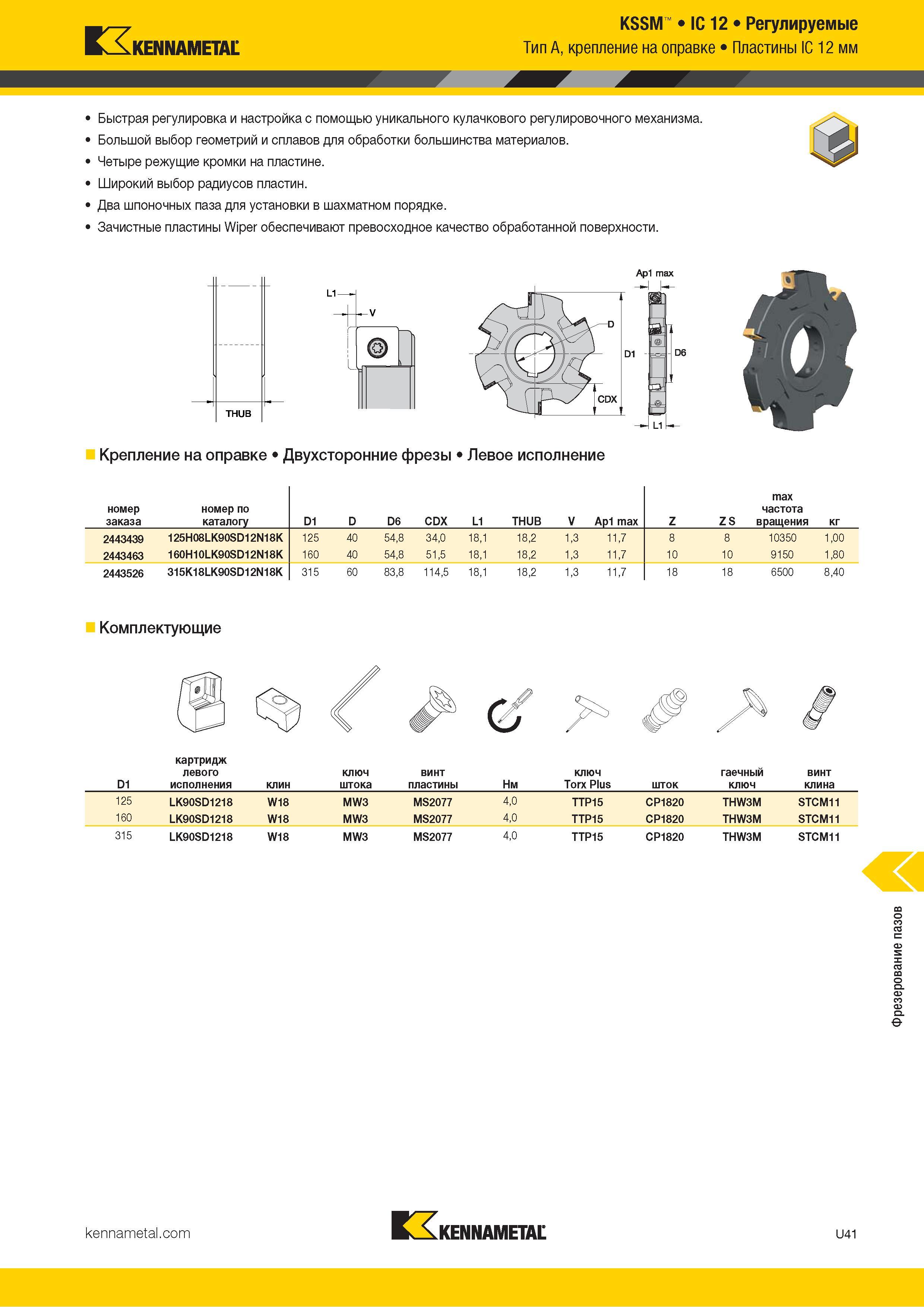 1435 Kennametal KSSM IC 12 Регулируемые Тип A, крепление на оправке Пластины IC 12 мм Быстрая регулировка и настройка с помощью уникального кулачкового ре Каталог KENNAMETAL 2018 Режущий инструмент для обработки отверстий в металлах и сплавах Быстрорежущие метчики и раскатники Сборные фрезы с СРП и твердосплавные Стр. U41