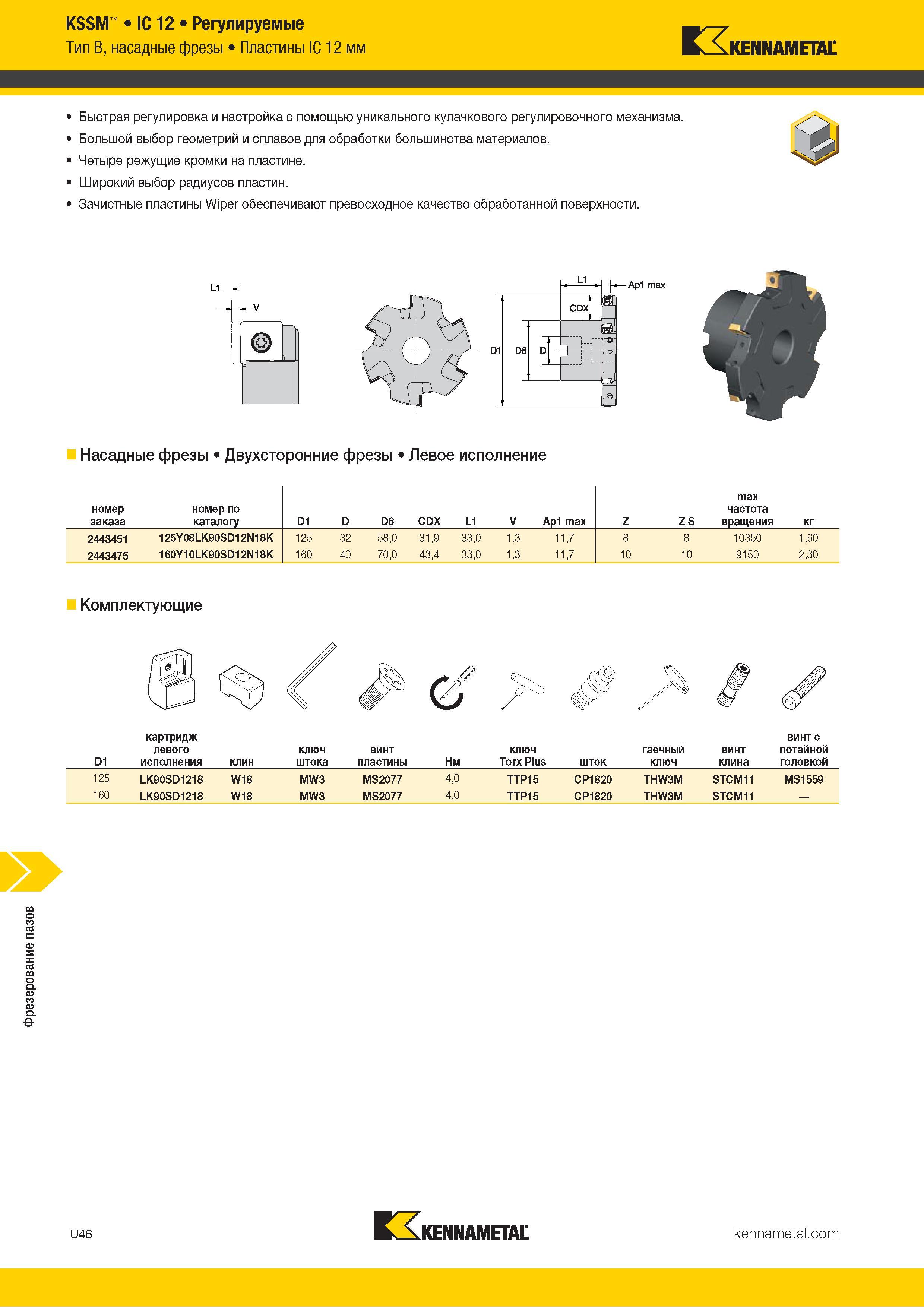 1440 Фрезерование пазов KSSM IC 12 Регулируемые Тип B, насадные фрезы Пластины IC 12 мм Kennametal Быстрая регулировка и настройка с помощью уникального к Каталог KENNAMETAL 2018 Режущий инструмент для обработки отверстий в металлах и сплавах Быстрорежущие метчики и раскатники Сборные фрезы с СРП и твердосплавные Стр. U46