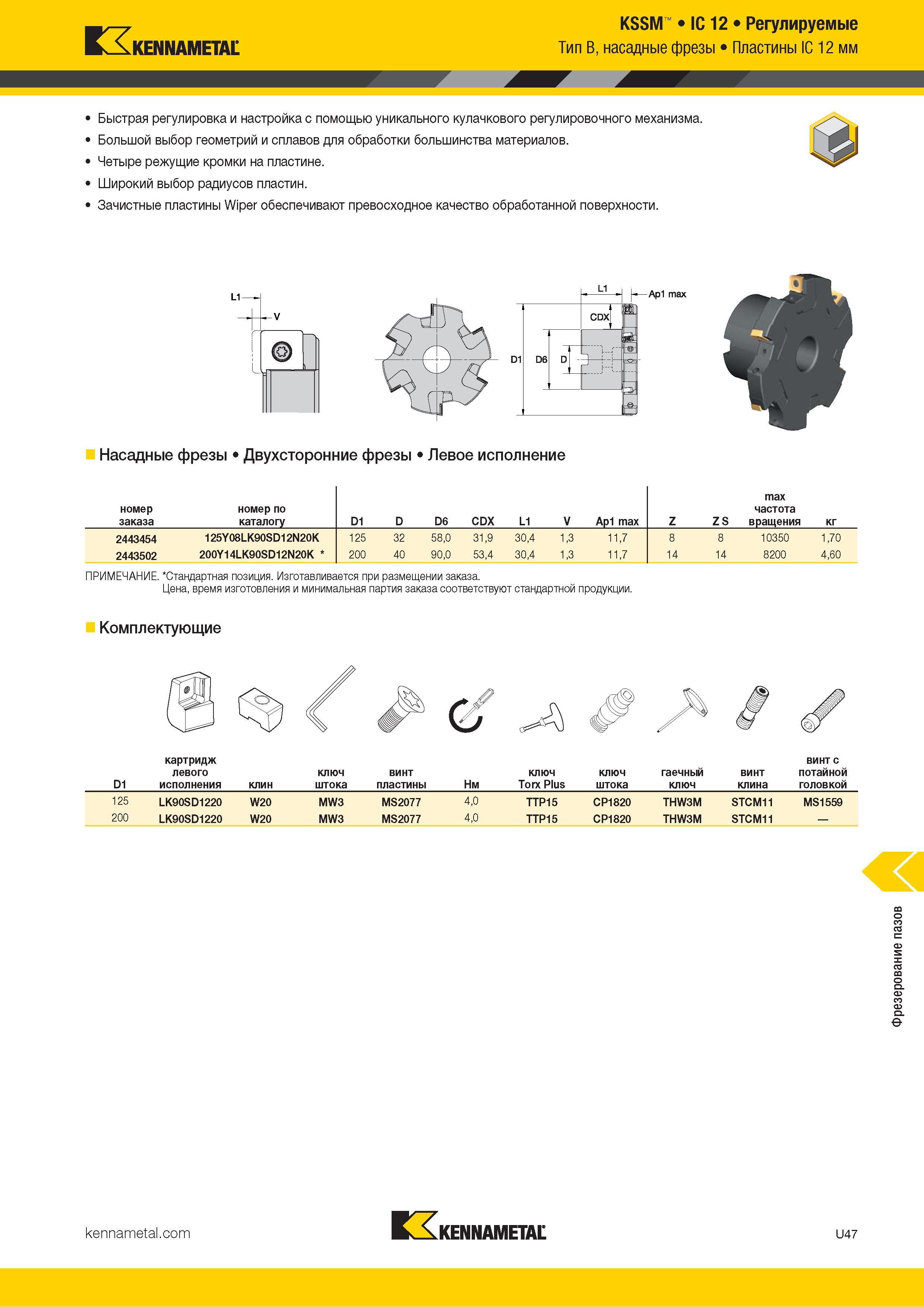 1441 Kennametal KSSM IC 12 Регулируемые Тип B, насадные фрезы Пластины IC 12 мм Быстрая регулировка и настройка с помощью уникального кулачкового регулиро Каталог KENNAMETAL 2018 Режущий инструмент для обработки отверстий в металлах и сплавах Быстрорежущие метчики и раскатники Сборные фрезы с СРП и твердосплавные Стр. U47