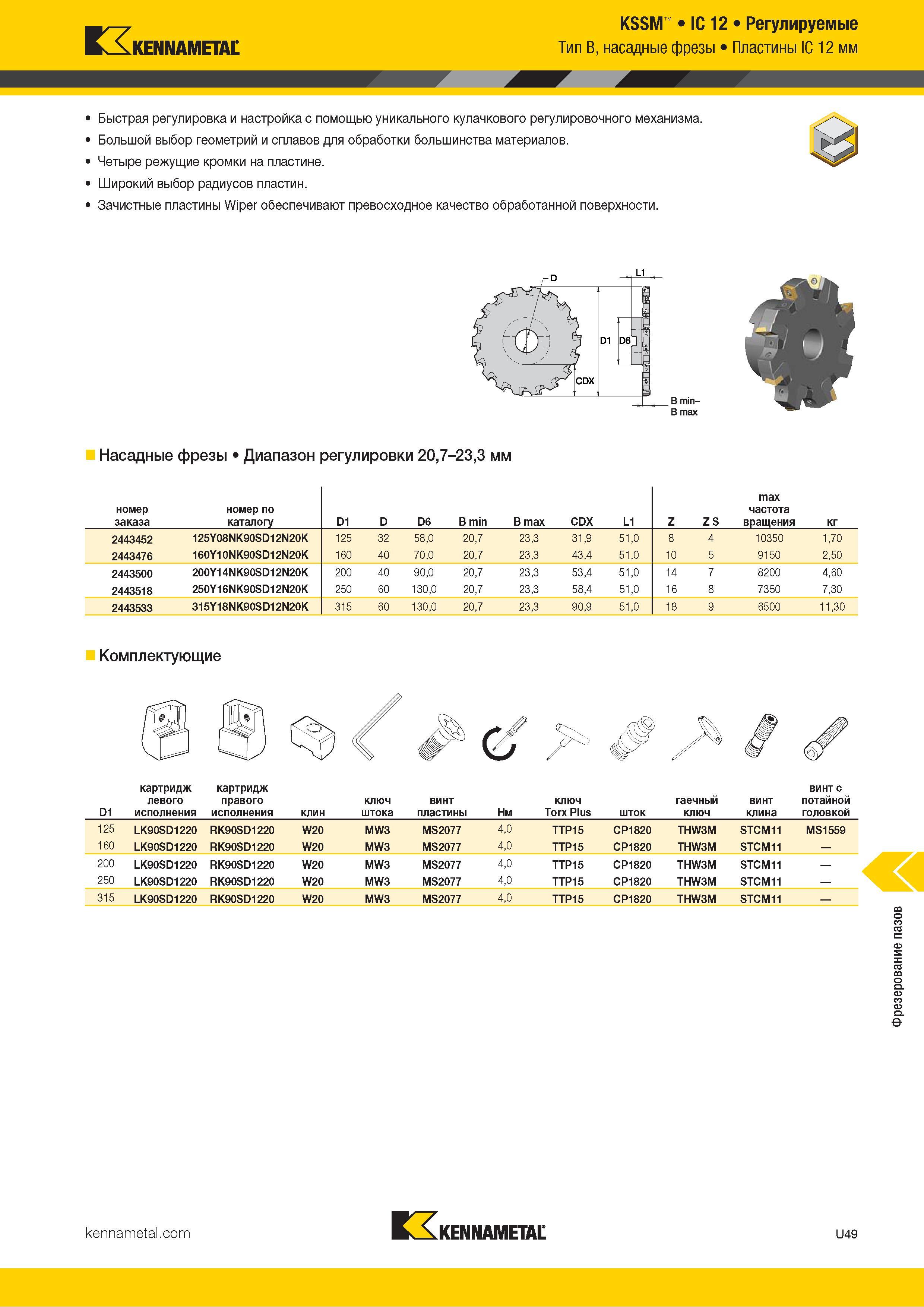 1443 Kennametal KSSM IC 12 Регулируемые Тип B, насадные фрезы Пластины IC 12 мм Быстрая регулировка и настройка с помощью уникального кулачкового регулиро Каталог KENNAMETAL 2018 Режущий инструмент для обработки отверстий в металлах и сплавах Быстрорежущие метчики и раскатники Сборные фрезы с СРП и твердосплавные Стр. U49