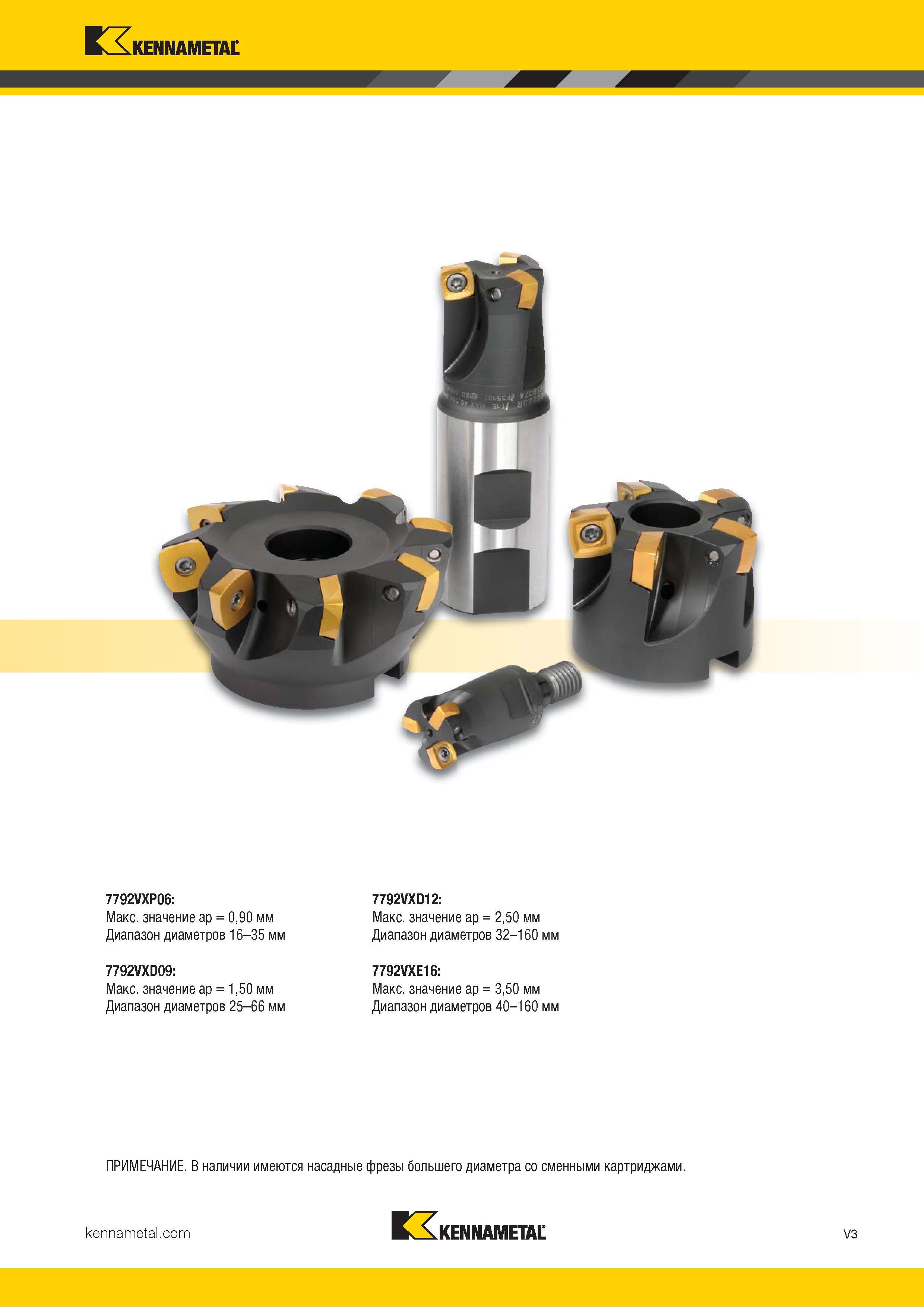 1451 Kennametal V л 7792VXP06: Макс значение ap = 0,90 мм Диапазон диаметров 16-35 мм 7792VXD09: Макс значение ap = 1,50 мм Диапазон диаметров 25-66 мм 77 Каталог KENNAMETAL 2018 Режущий инструмент для обработки отверстий в металлах и сплавах Быстрорежущие метчики и раскатники Сборные фрезы с СРП и твердосплавные Стр. V3