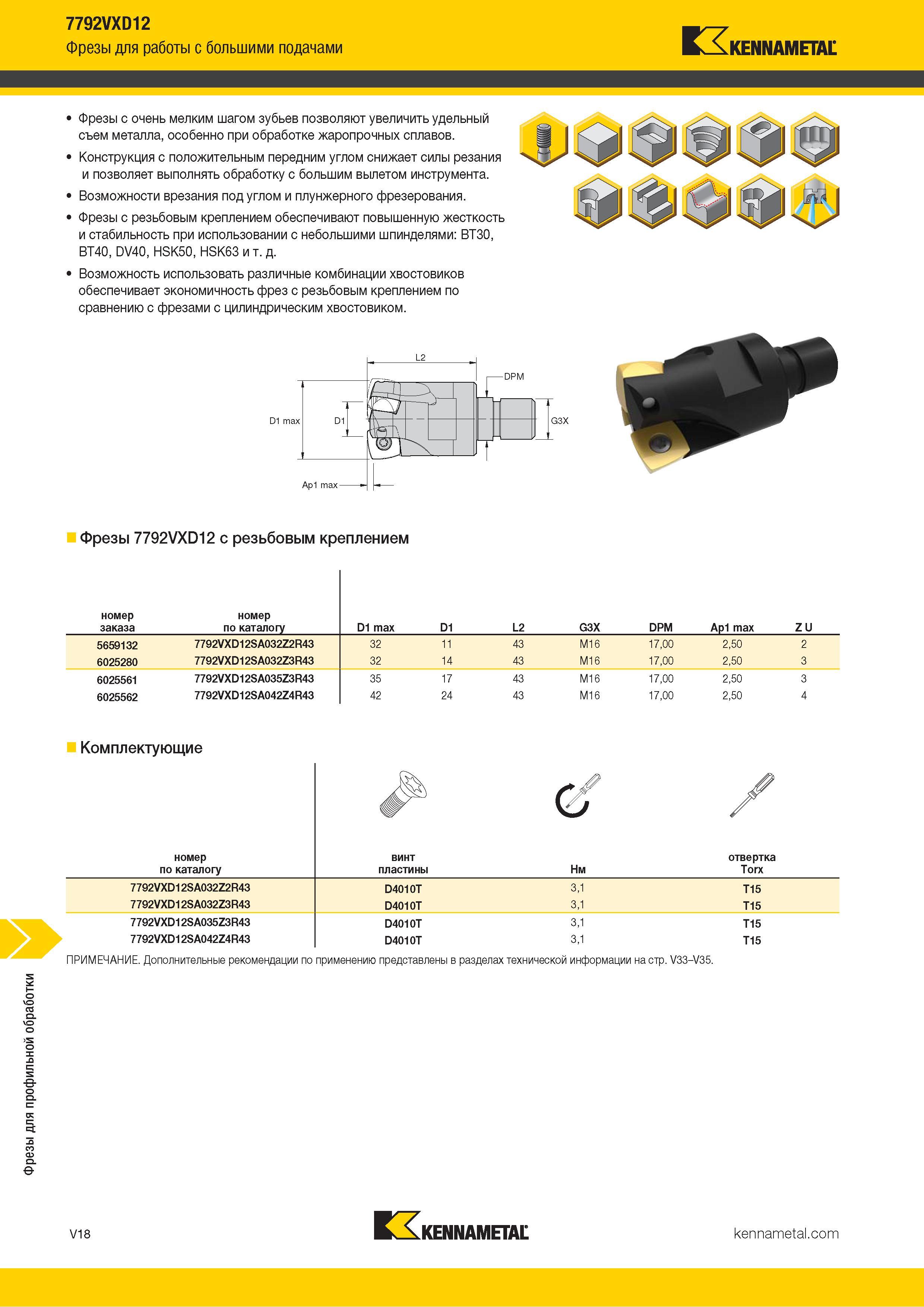 1466 Фрезы для профильной обработки 7792VXD12 Фрезы для работы с большими подачами Kennametal Фрезы с очень мелким шагом зубьев позволяют увеличить удельн Каталог KENNAMETAL 2018 Режущий инструмент для обработки отверстий в металлах и сплавах Быстрорежущие метчики и раскатники Сборные фрезы с СРП и твердосплавные Стр. V18