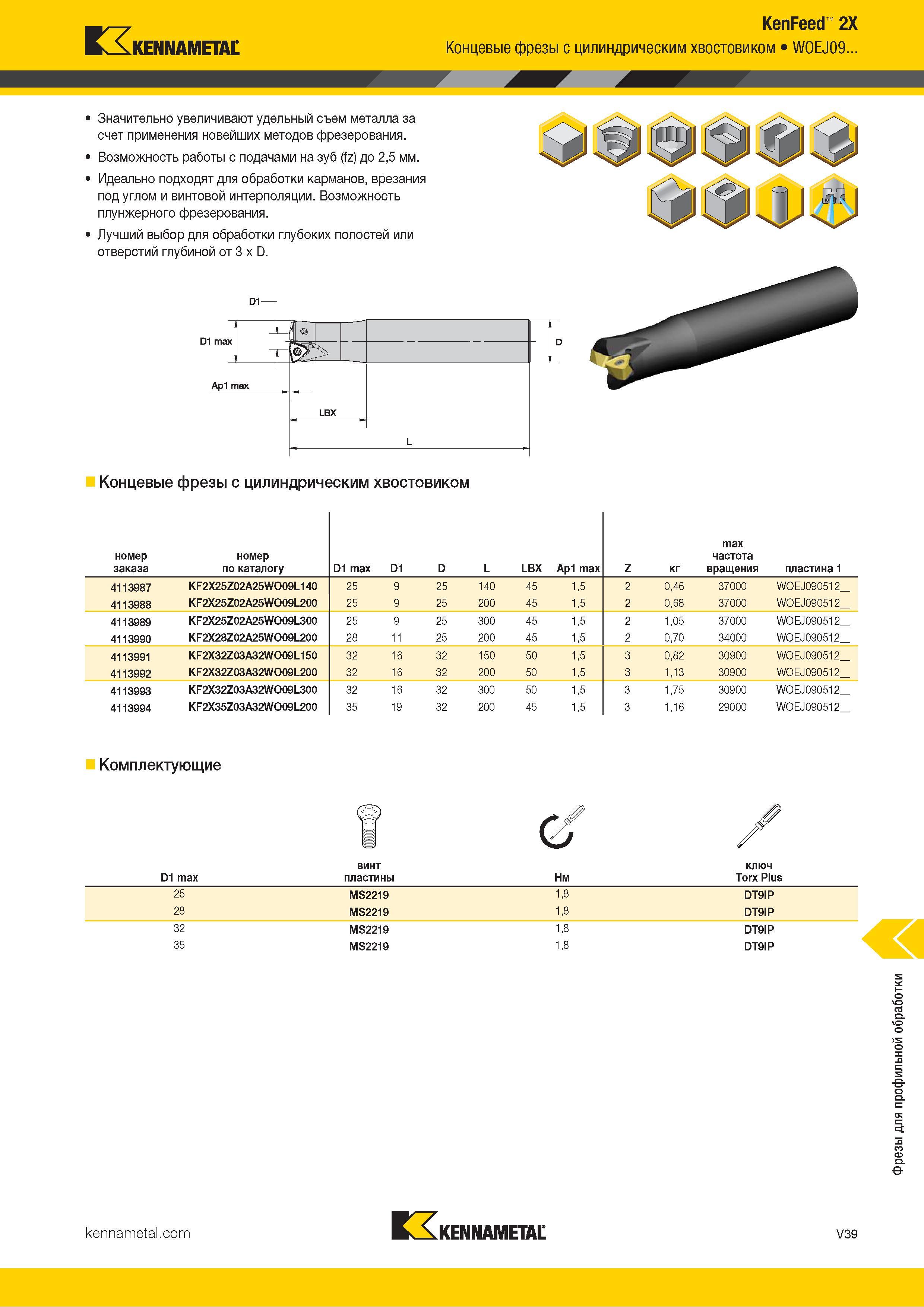 1487 Kennametal KenFeed 2X Концевые фрезы с цилиндрическим хвостовиком WOEJ09 А Значительно увеличивают удельный съем металла за счет применения новейших Каталог KENNAMETAL 2018 Режущий инструмент для обработки отверстий в металлах и сплавах Быстрорежущие метчики и раскатники Сборные фрезы с СРП и твердосплавные Стр. V39
