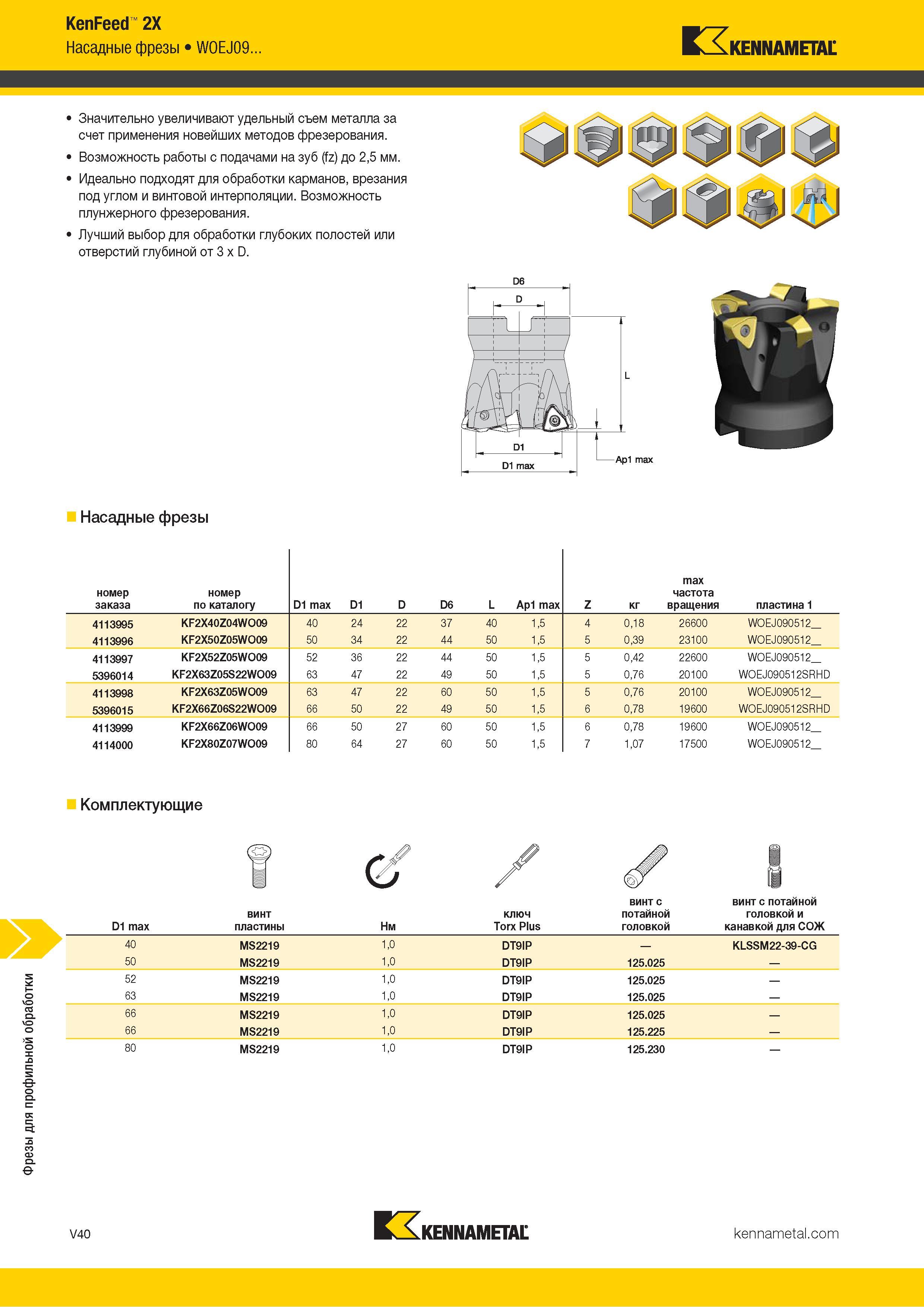 1488 Фрезы для профильной обработки KenFeed 2X Насадные фрезы WOEJ09 Kennametal Значительно увеличивают удельный съем металла за счет применения новейших Каталог KENNAMETAL 2018 Режущий инструмент для обработки отверстий в металлах и сплавах Быстрорежущие метчики и раскатники Сборные фрезы с СРП и твердосплавные Стр. V40