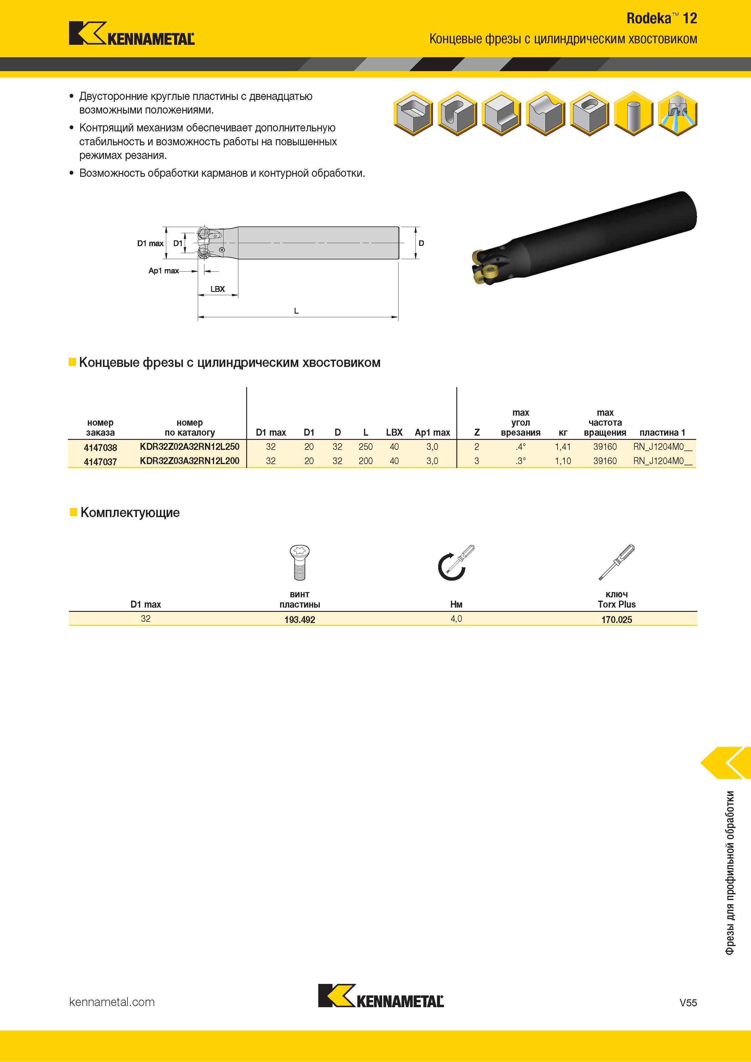 1503 Rodeka 12 Kennametal Концевые фрезы с цилиндрическим хвостовиком Двусторонние круглые пластины с двенадцатью возможными положениями Контрящий механиз Каталог KENNAMETAL 2018 Режущий инструмент для обработки отверстий в металлах и сплавах Быстрорежущие метчики и раскатники Сборные фрезы с СРП и твердосплавные Стр. V55