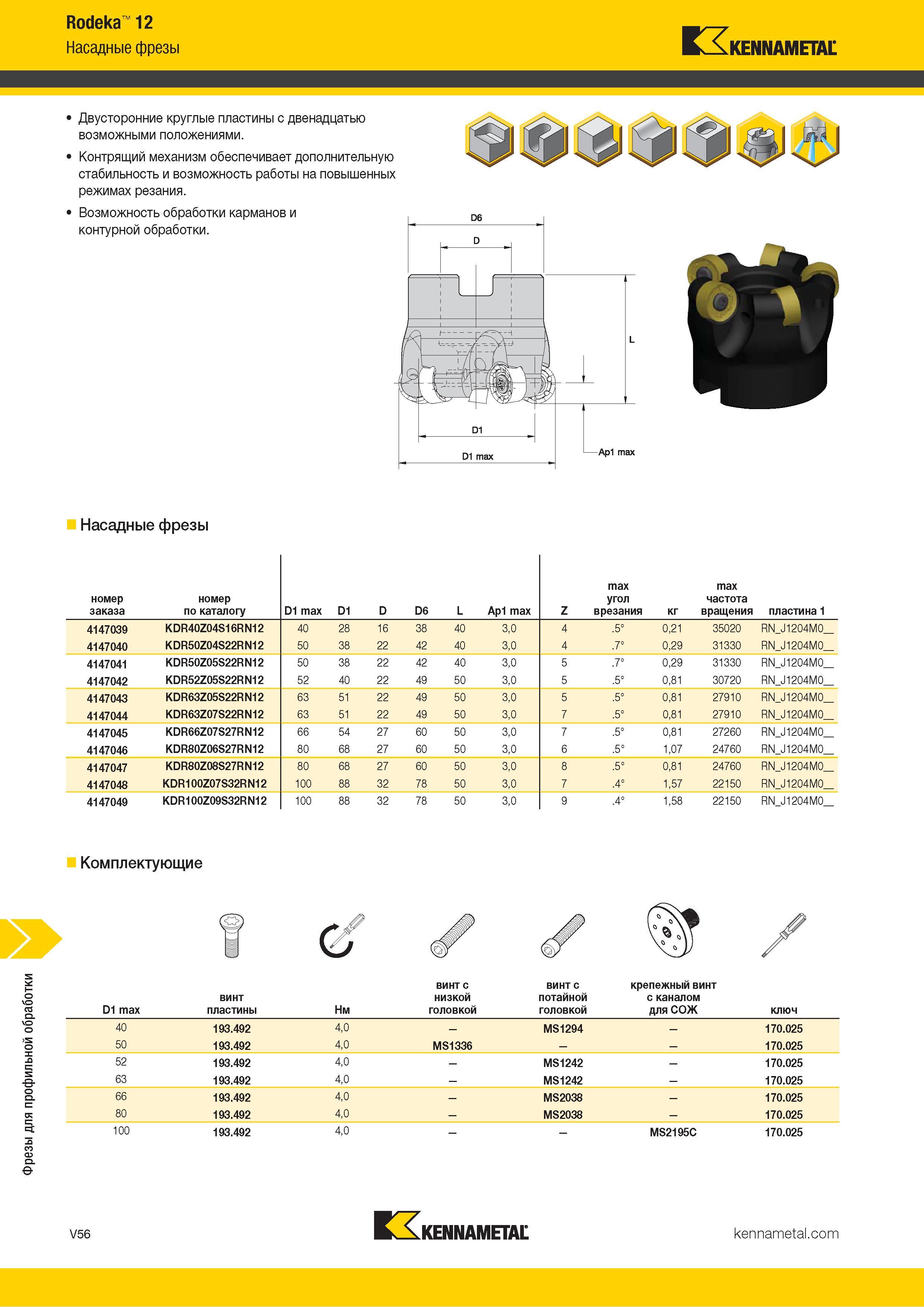 1504 Фрезы для профильной обработки Rodeka 12 Насадные фрезы Kennametal Двусторонние круглые пластины с двенадцатью возможными положениями Контрящий механ Каталог KENNAMETAL 2018 Режущий инструмент для обработки отверстий в металлах и сплавах Быстрорежущие метчики и раскатники Сборные фрезы с СРП и твердосплавные Стр. V56
