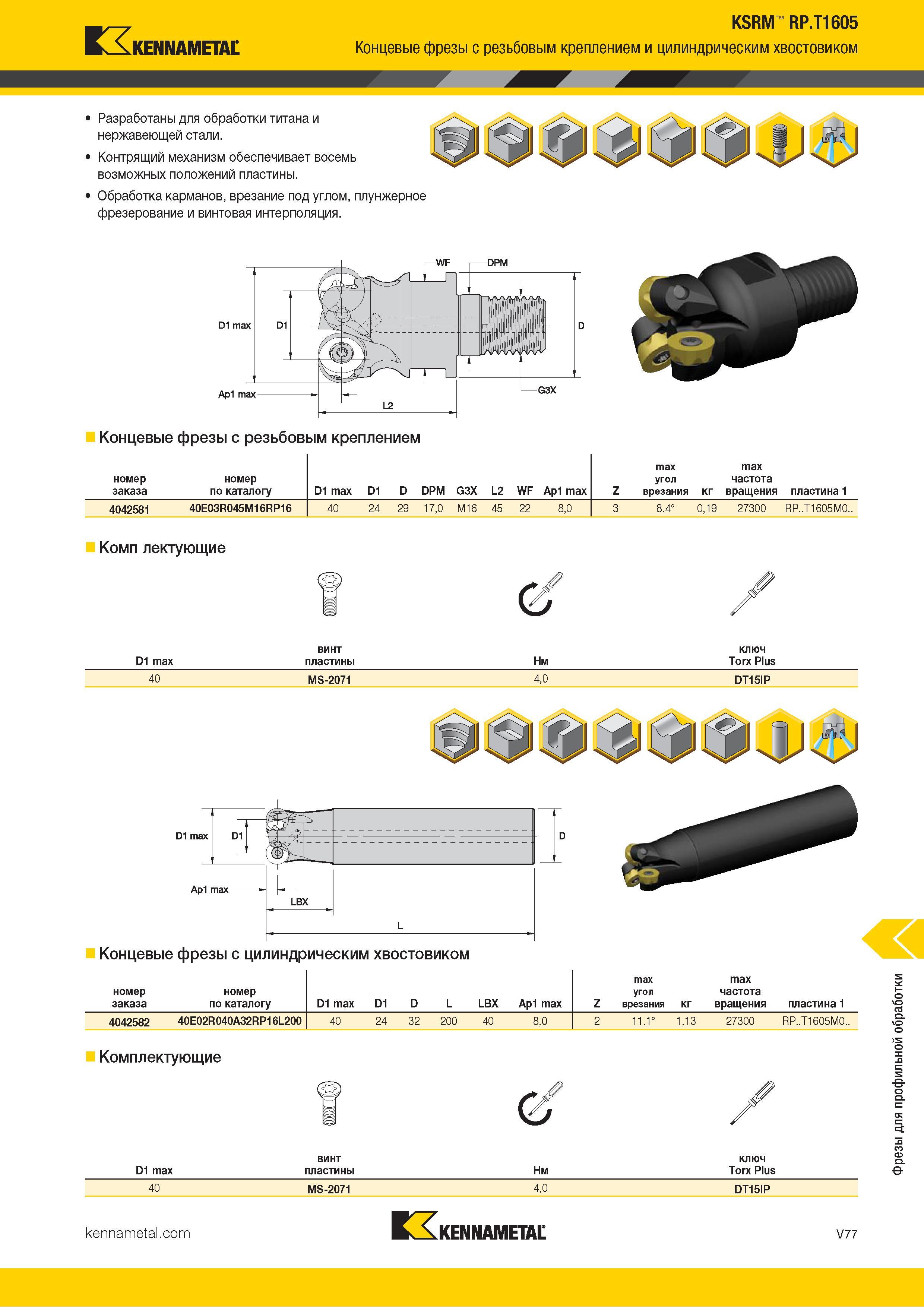 1525 Kennametal KSRM RP T1605 Концевые фрезы с резьбовым креплением и цилиндрическим хвостовиком Разработаны для обработки титана и нержавеющей стали Конт Каталог KENNAMETAL 2018 Режущий инструмент для обработки отверстий в металлах и сплавах Быстрорежущие метчики и раскатники Сборные фрезы с СРП и твердосплавные Стр. V77