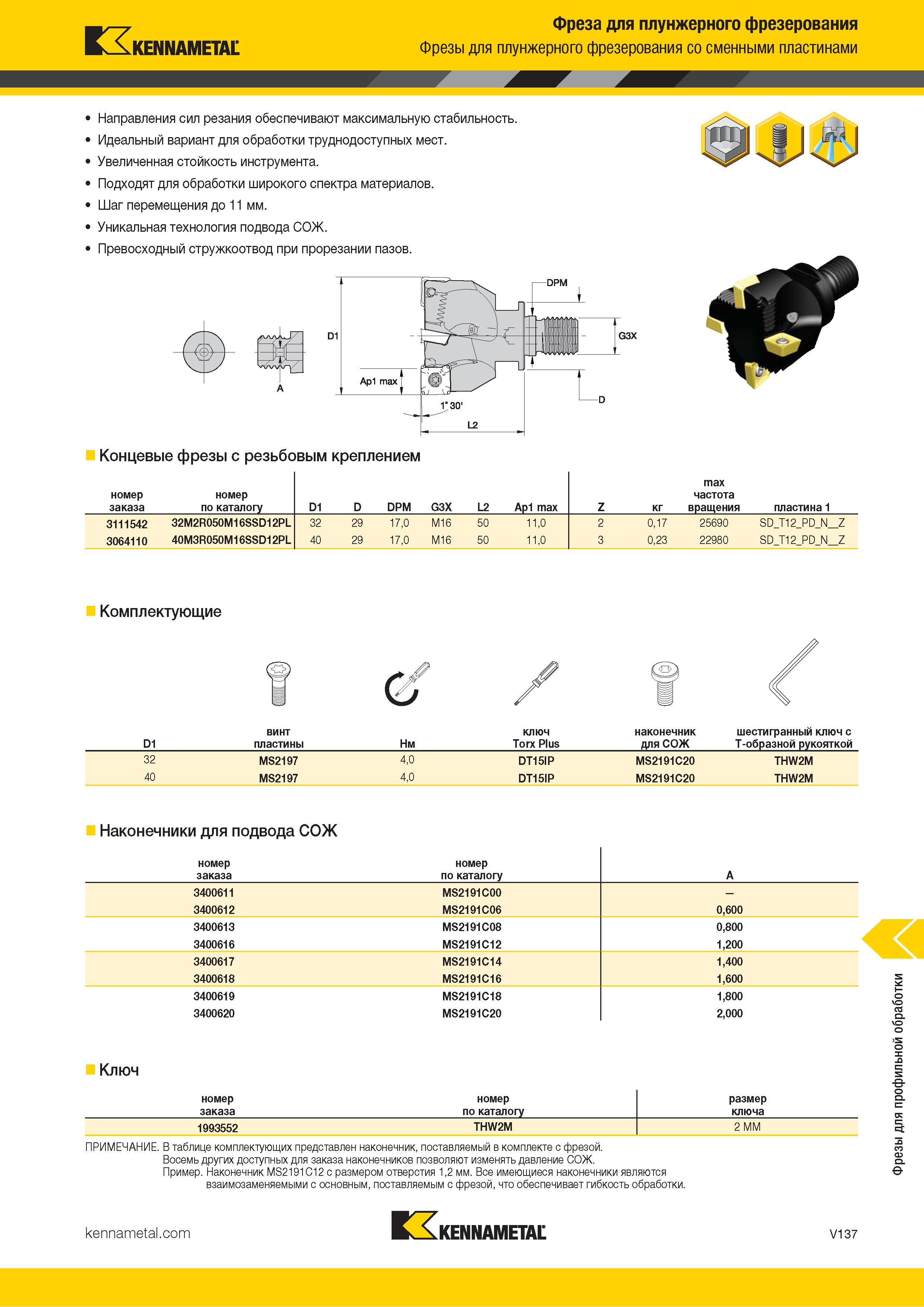 1585 Kennametal Фреза для плунжерного фрезерования Фрезы для плунжерного фрезерования со сменными пластинами Направления сил резания обеспечивают максимал Каталог KENNAMETAL 2018 Режущий инструмент для обработки отверстий в металлах и сплавах Быстрорежущие метчики и раскатники Сборные фрезы с СРП и твердосплавные Стр. V137