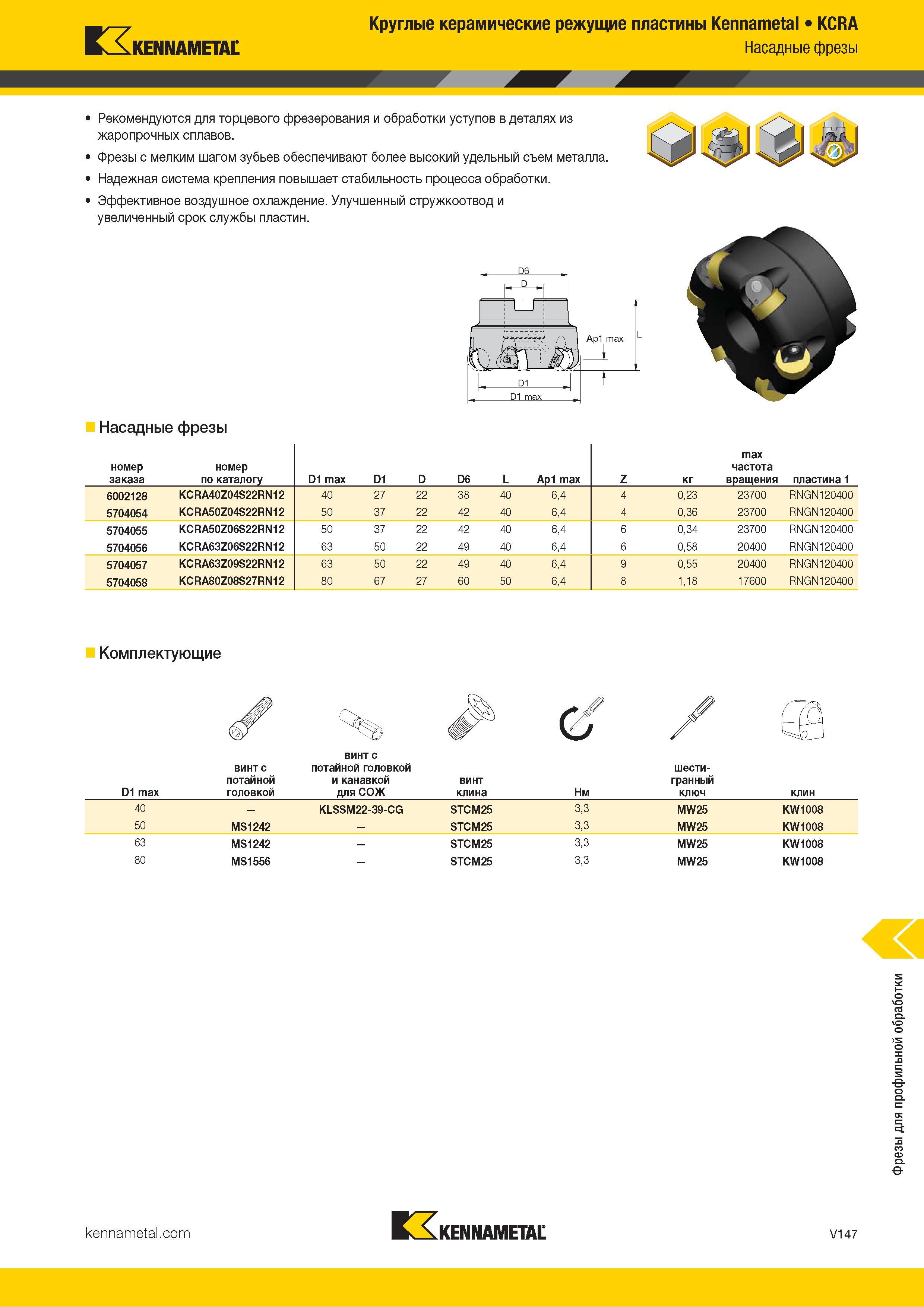 1595 Kennametal Круглые керамические режущие пластины Kennametal KCRA Насадные фрезы Рекомендуются для торцевого фрезерования и обработки уступов в деталя Каталог KENNAMETAL 2018 Режущий инструмент для обработки отверстий в металлах и сплавах Быстрорежущие метчики и раскатники Сборные фрезы с СРП и твердосплавные Стр. V147