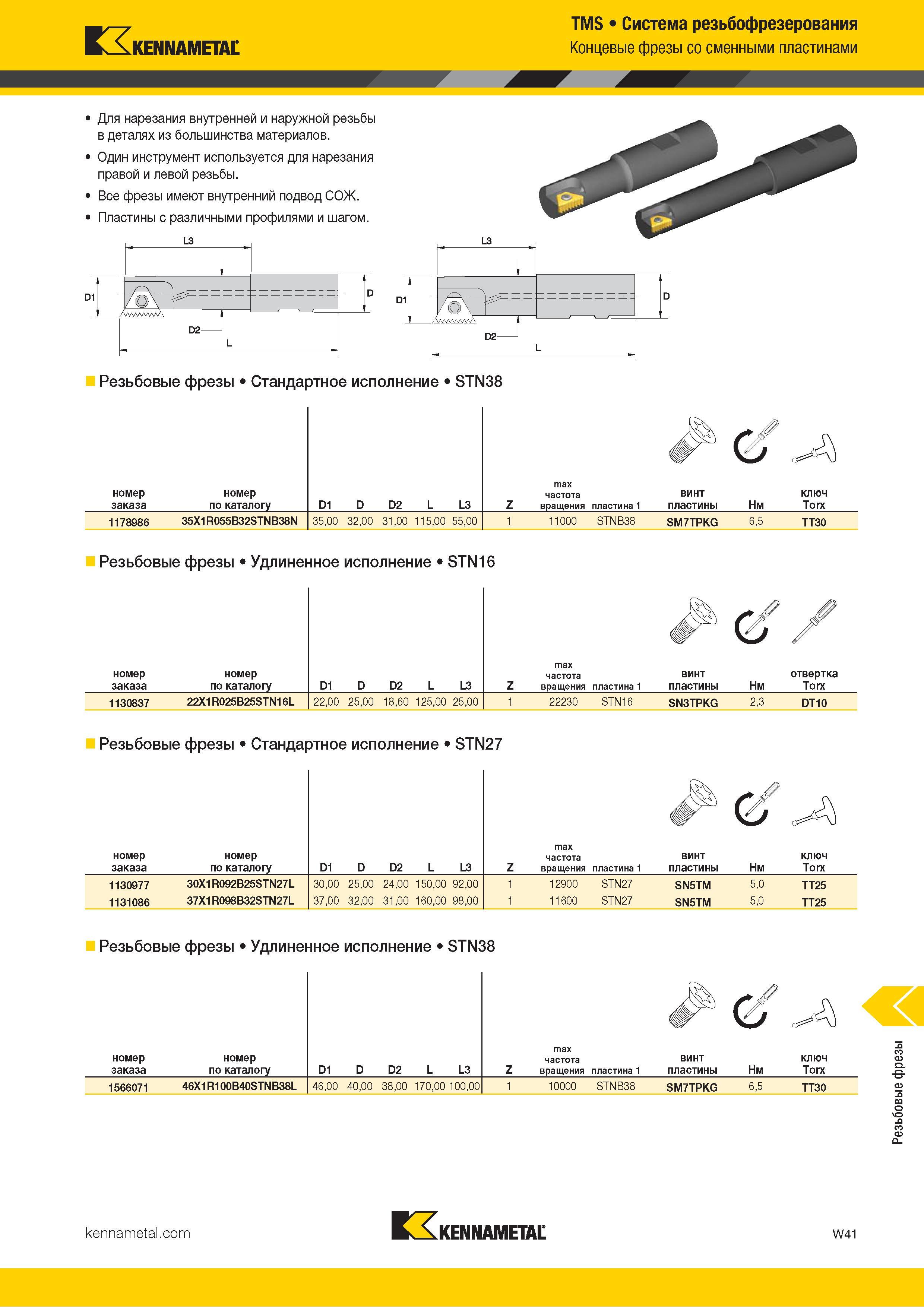 1647 Kennametal TMS Система резьбофрезерования Концевые фрезы со сменными пластинами Для нарезания внутренней и наружной резьбы в деталях из большинства м Каталог KENNAMETAL 2018 Режущий инструмент для обработки отверстий в металлах и сплавах Быстрорежущие метчики и раскатники Сборные фрезы с СРП и твердосплавные Стр. W41