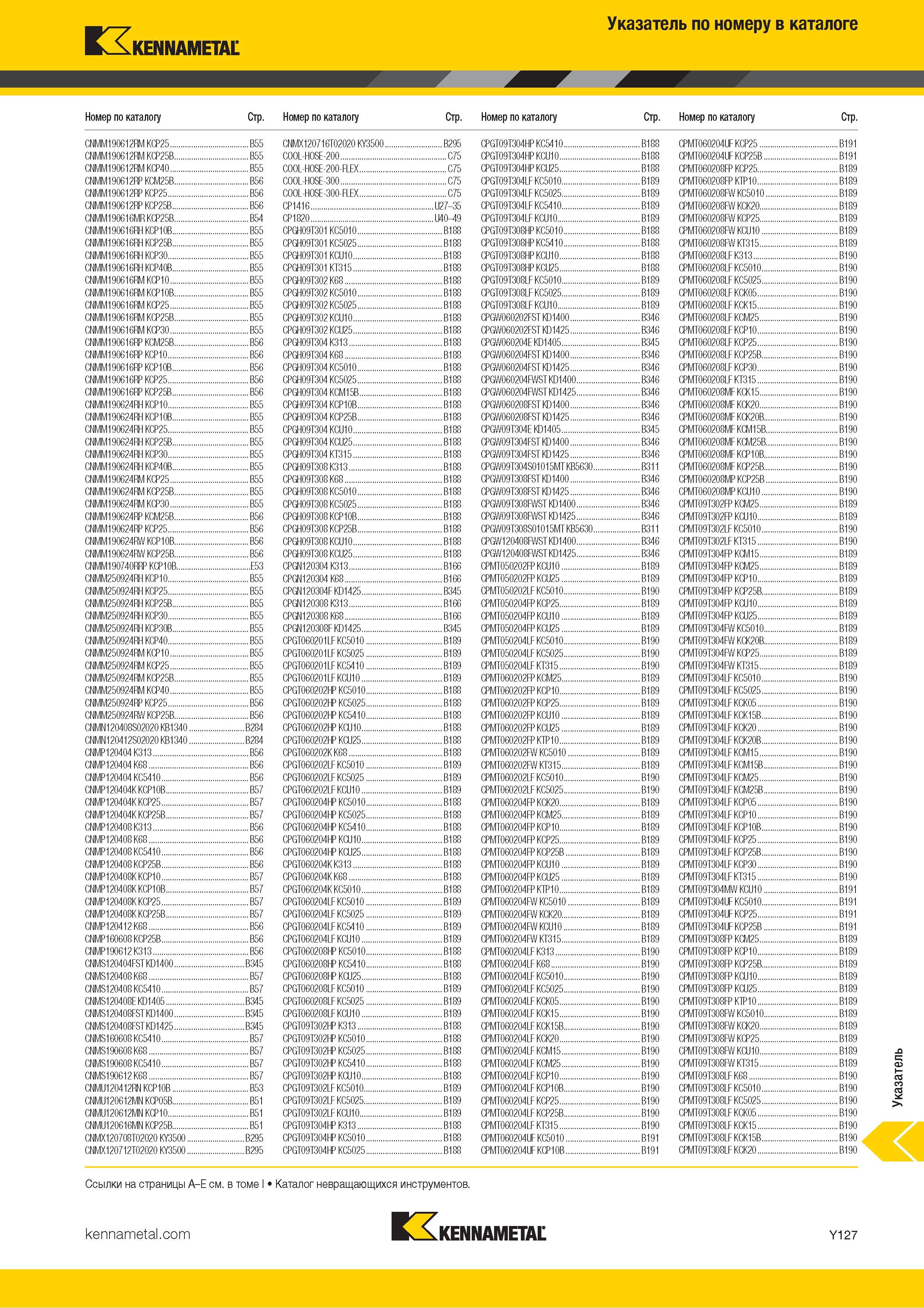 1825 Указатель по номеру в каталоге Kennametal CNMM190612RM KCP25 B55 CNMX120716T02020 KY3500 B295 CPGT09T304HP KC5410 B188 CPMT060204UIKCP25 B191 CNMM190 Каталог KENNAMETAL 2018 Режущий инструмент для обработки отверстий в металлах и сплавах Быстрорежущие метчики и раскатники Сборные фрезы с СРП и твердосплавные Стр. Y127