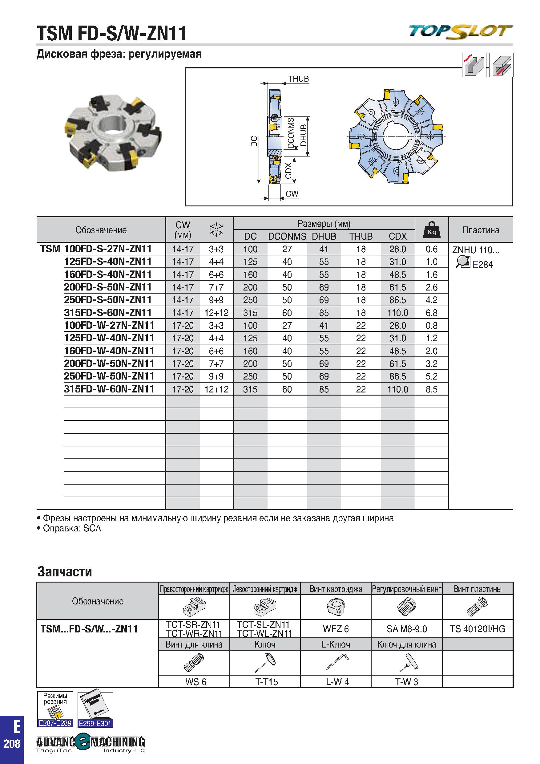 521 TSM FD-S/W-ZN11 Дисковая фреза: регулируемая DCONMS CO 3 X о У XT 0 01 (CW Обозначение CW (мм) Размеры (мм) & Пластина DC DCONMS DHUB THUB CDX TS Каталог TAEGUTEC 2020 Вращающийся режущий и вспомогательный инструмент по металлу Твердосплавные пластины Сборные фрезы с СМП Монолитные фрезы и сверла Инструментальные патроны Стр. E208