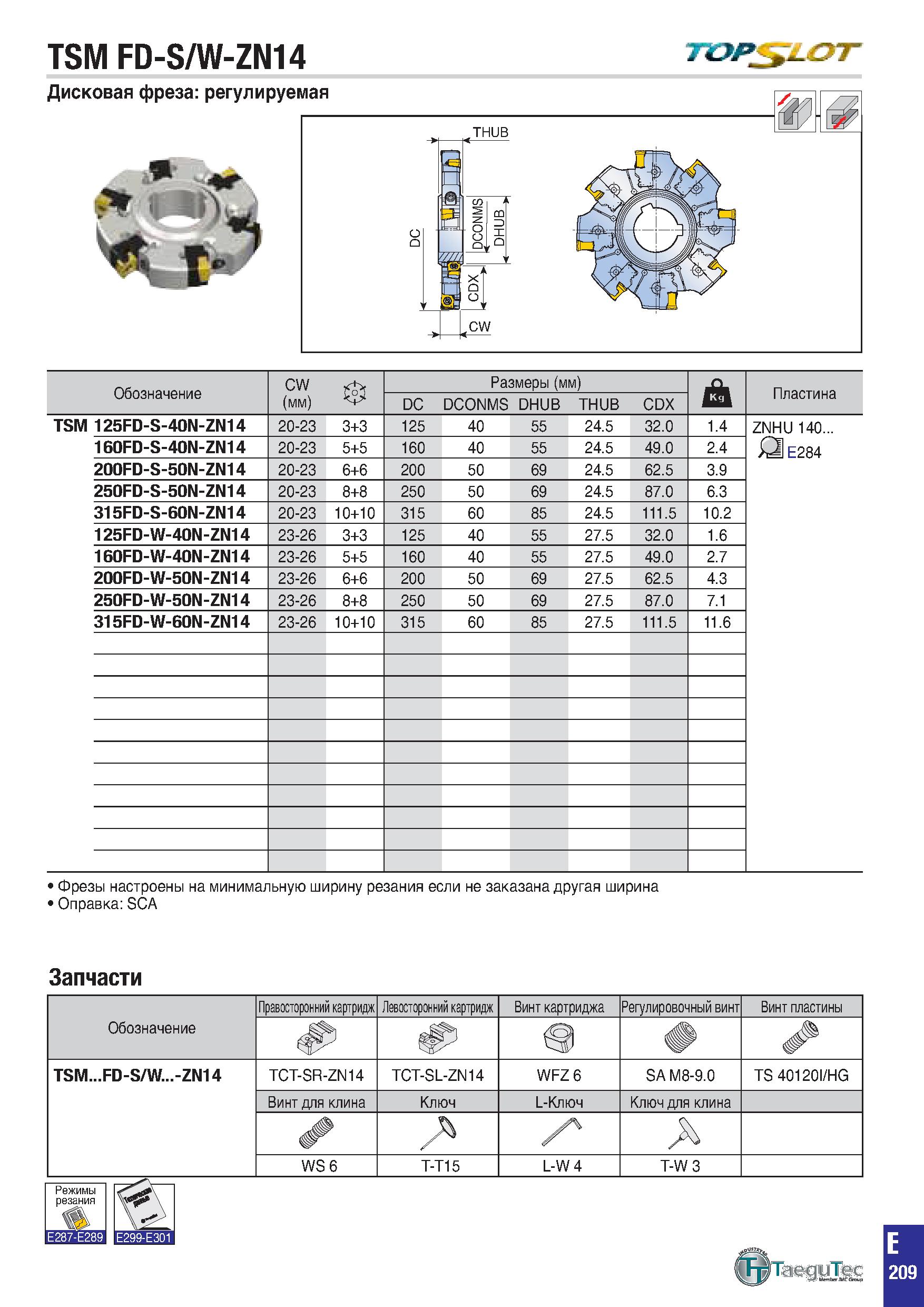 522 TSM FD-S/W-ZN14 Т&Р ОТ Дисковая фреза: регулируемая Й15Г Обозначение CW (мм) Размеры (мм) jj j Пластина DC DCONMS DHUB THU B CD X TSM 125FD-S-40N Каталог TAEGUTEC 2020 Вращающийся режущий и вспомогательный инструмент по металлу Твердосплавные пластины Сборные фрезы с СМП Монолитные фрезы и сверла Инструментальные патроны Стр. E209