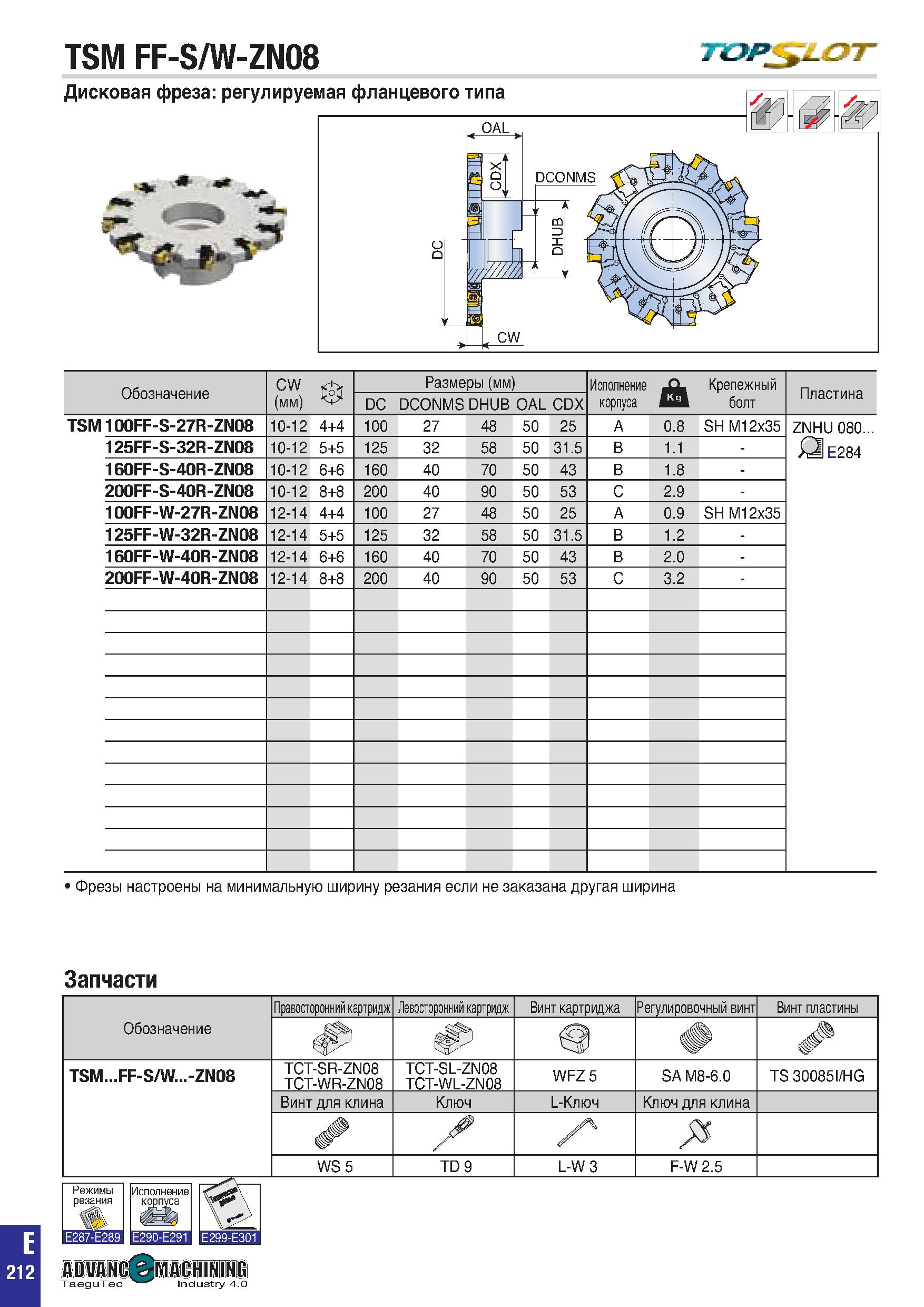 525 TSM FF-S/W-ZN08 70/ -£>7 Дисковая фреза: регулируемая фланцевого типа Обозначение CW (мм) 0 Размеры (мм) Исполнение корпуса J& Крепежный болт Пла Каталог TAEGUTEC 2020 Вращающийся режущий и вспомогательный инструмент по металлу Твердосплавные пластины Сборные фрезы с СМП Монолитные фрезы и сверла Инструментальные патроны Стр. E212