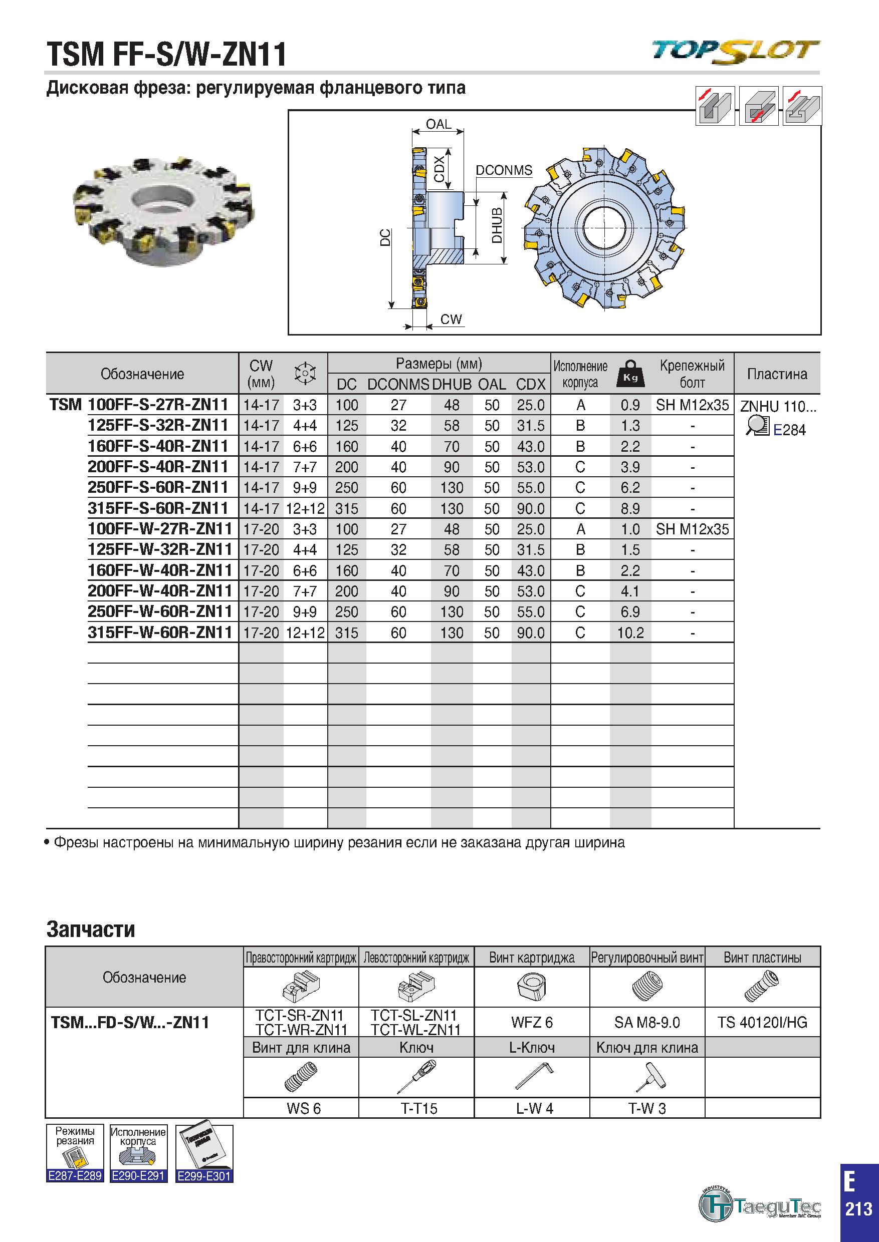 526 TSM FF-S/W-ZN11 ТХЗРЪ СУГ Обозначение CW (мм) 0 Размеры (мм) Исполнение корпуса i a Крепежный болт Пластина DC DCONMS DHUB OAL CD X TSM 100FF-S-2 Каталог TAEGUTEC 2020 Вращающийся режущий и вспомогательный инструмент по металлу Твердосплавные пластины Сборные фрезы с СМП Монолитные фрезы и сверла Инструментальные патроны Стр. E213