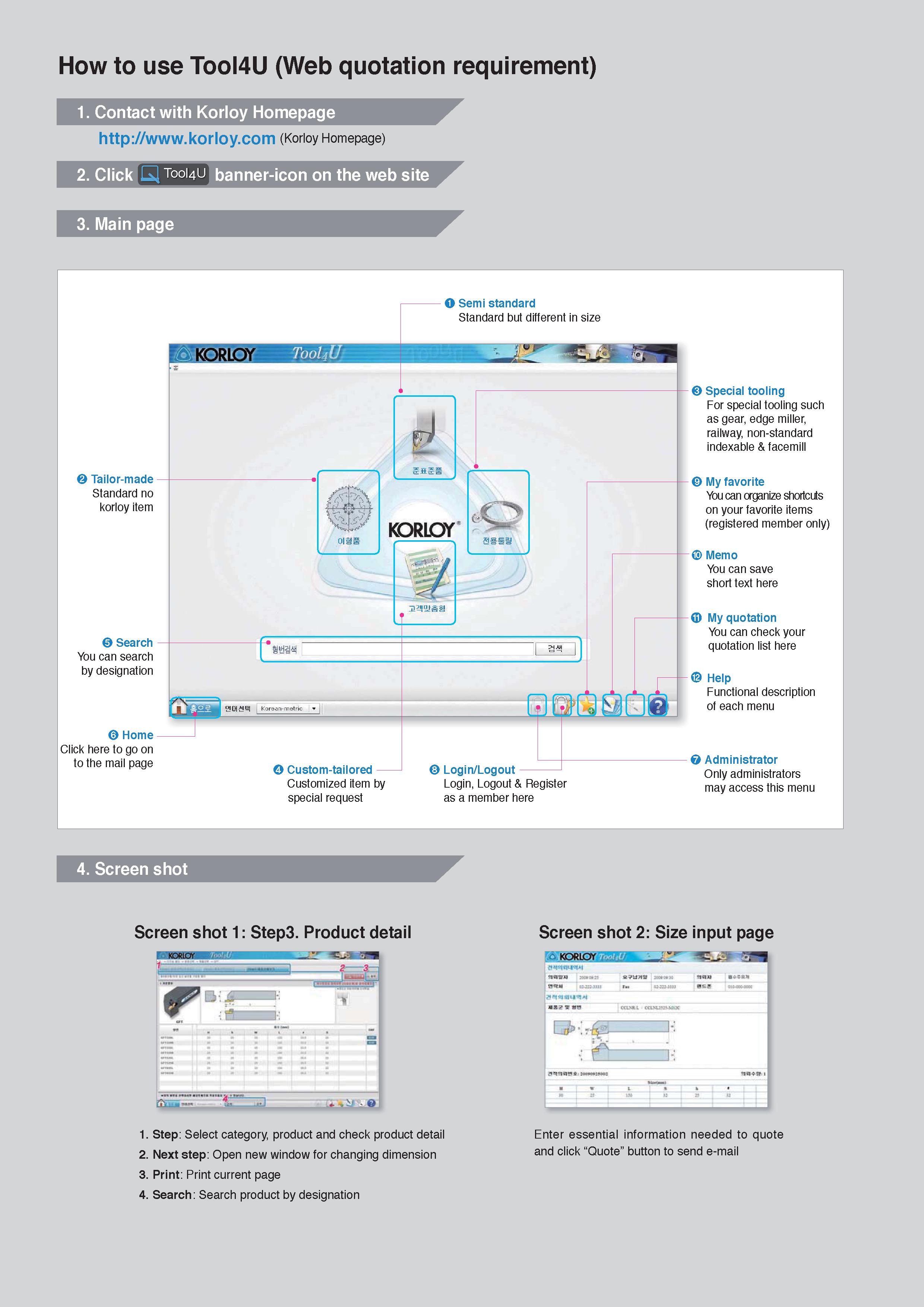 11 How to use Tool4U (Web quotation requirement) 1 Contact with Korloy Homepage (Korloy Homepage) o Semi standard Standard but different in size Tai Каталог KORLOY 2020 Режущий и вспомогательный инструмент для станков ЧПУ и универсальных Фрезы с СМП Сверла твердосплавные Резцы токарные Пластины сменные режущие Стр. 
