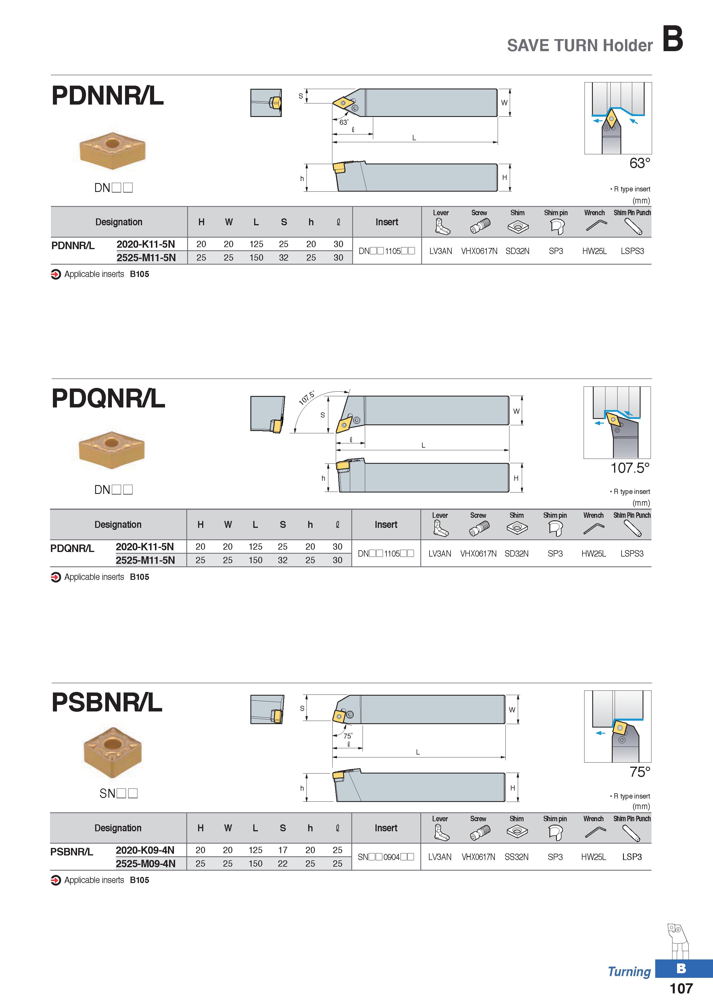 181 SAVE TURN Holder B PDNNR/L DIMED R type insert (mm) Lever Screw Shim Shim pin Wrench Shim Pin Punch Designation H W L S h I Insert PDNNR/L 2020-K Каталог KORLOY 2020 Режущий и вспомогательный инструмент для станков ЧПУ и универсальных Фрезы с СМП Сверла твердосплавные Резцы токарные Пластины сменные режущие Стр. B107