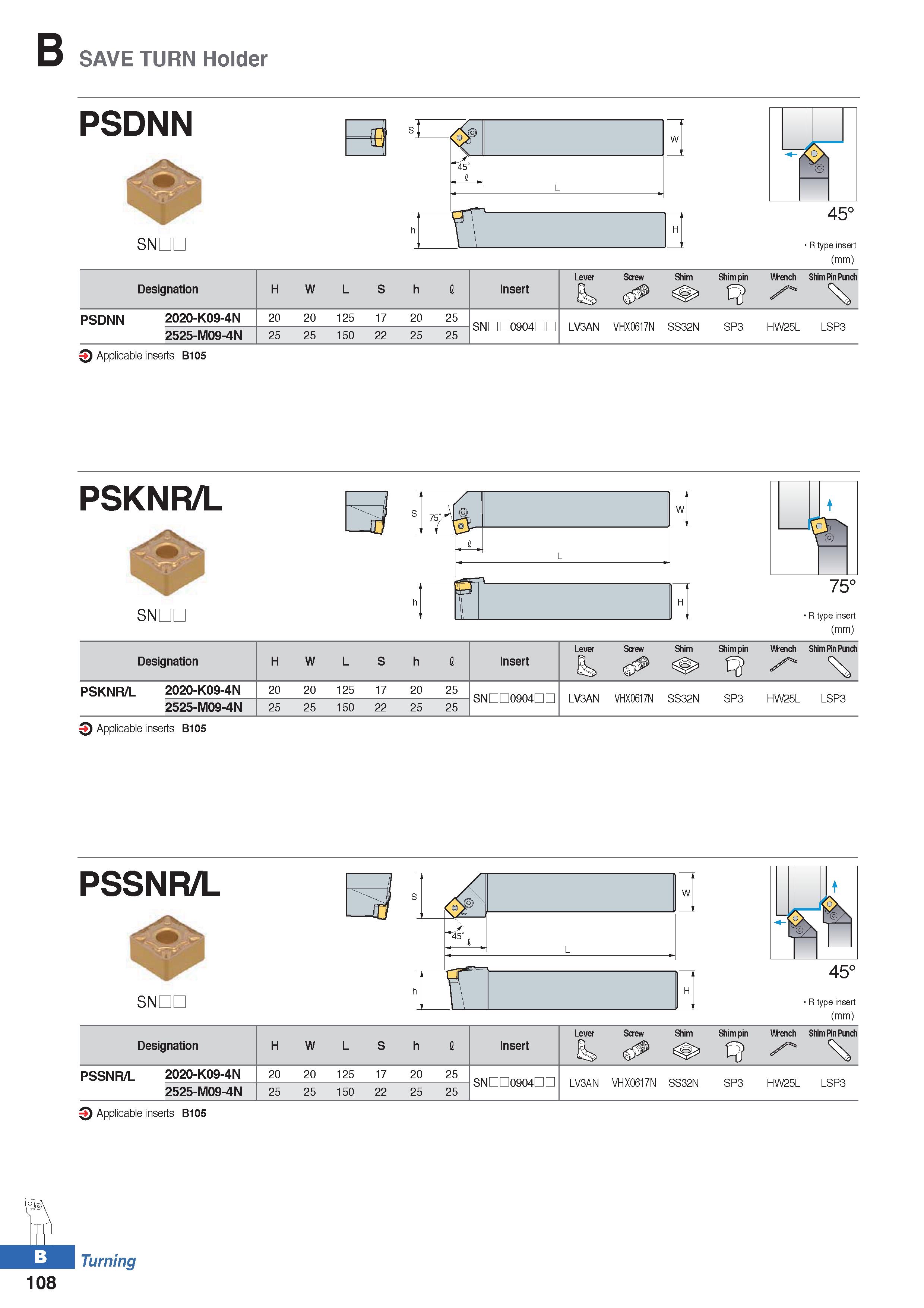 182 B SAVE TURN Holder PSDNN 3 45° R type insert (mm) Lever Screw Shim Shim pin Wrench Shim Pin Punch Designation H W L S h I Insert s & PSDNN 2020-K Каталог KORLOY 2020 Режущий и вспомогательный инструмент для станков ЧПУ и универсальных Фрезы с СМП Сверла твердосплавные Резцы токарные Пластины сменные режущие Стр. B108