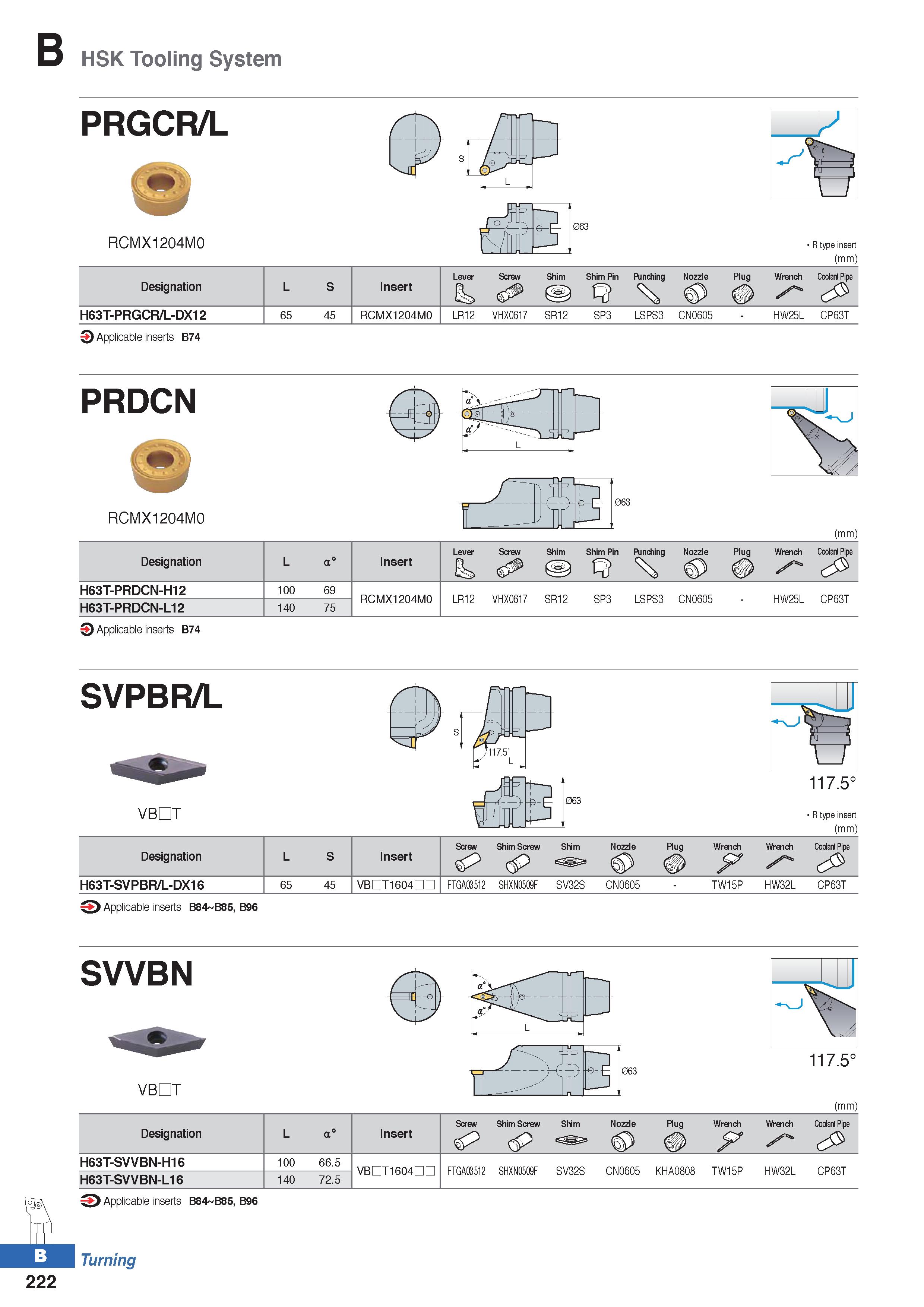296 HSK Tooling System PRGCR/L RCMX1204M0 063 R type insert (mm) Designation L S Insert Lever 8a Screw Shim Shim Pin Punching Nozzle Plug Wrench Cool Каталог KORLOY 2020 Режущий и вспомогательный инструмент для станков ЧПУ и универсальных Фрезы с СМП Сверла твердосплавные Резцы токарные Пластины сменные режущие Стр. B222