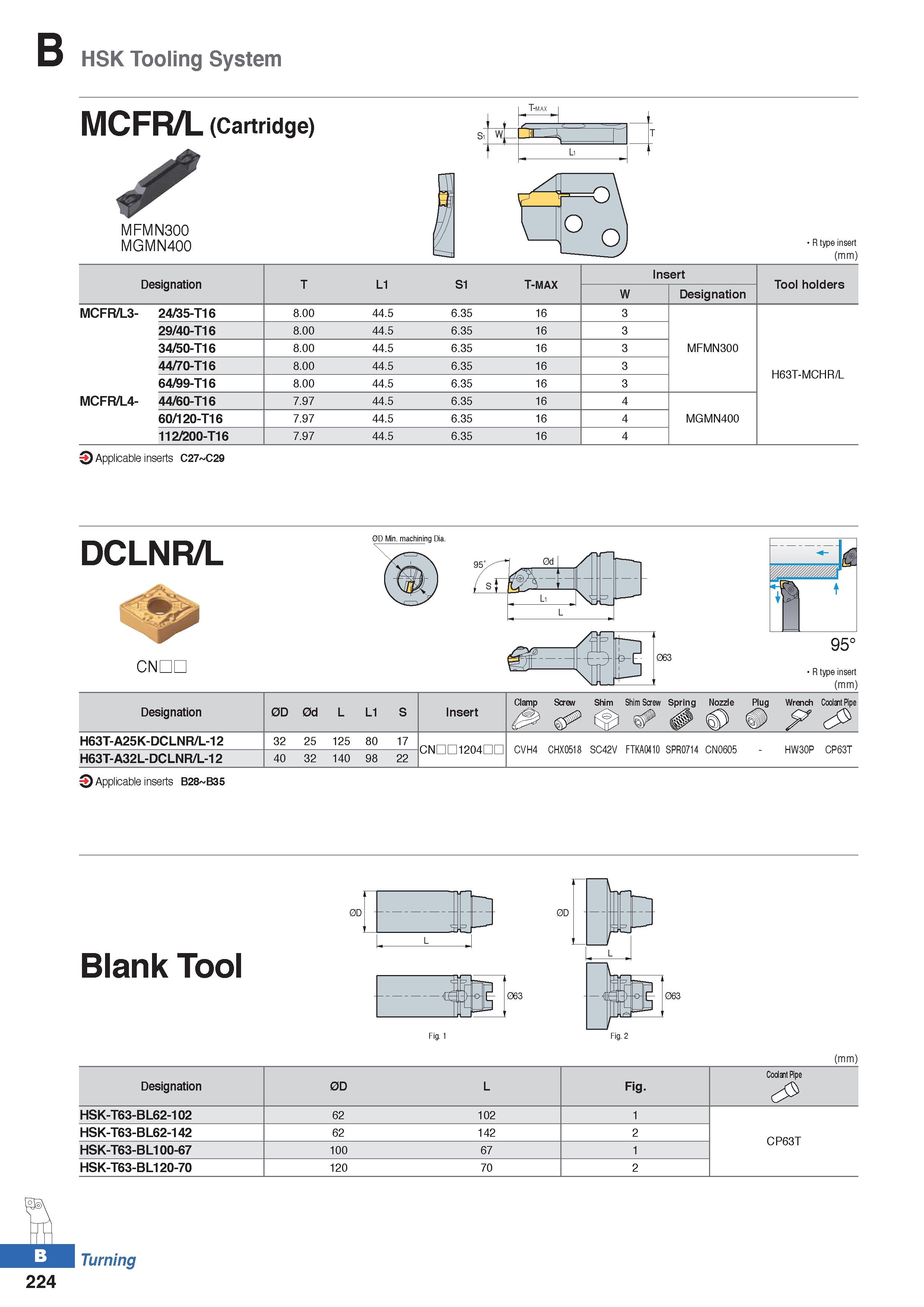 298 HSK Tooling System MCFR/L (Cartridge) S MFMN300 MGMN400 Designation T L1 S1 T-MAX Insert Tool holders W Designation MCFR/L3- 24/35-T16 8 00 44 5 Каталог KORLOY 2020 Режущий и вспомогательный инструмент для станков ЧПУ и универсальных Фрезы с СМП Сверла твердосплавные Резцы токарные Пластины сменные режущие Стр. B224