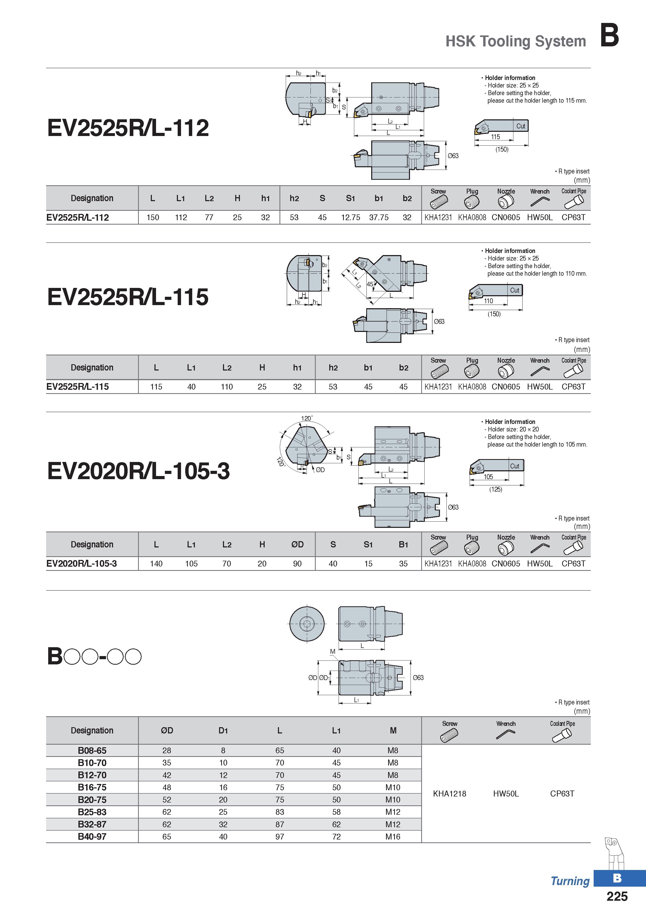 299 HSK Tooling System EV2525R/L-112 1 ° b2 SIT P L2 L1 l : r jfld P - 063 Holder information - Holder size: 25 x 25 - Before setting the holder plea Каталог KORLOY 2020 Режущий и вспомогательный инструмент для станков ЧПУ и универсальных Фрезы с СМП Сверла твердосплавные Резцы токарные Пластины сменные режущие Стр. B225