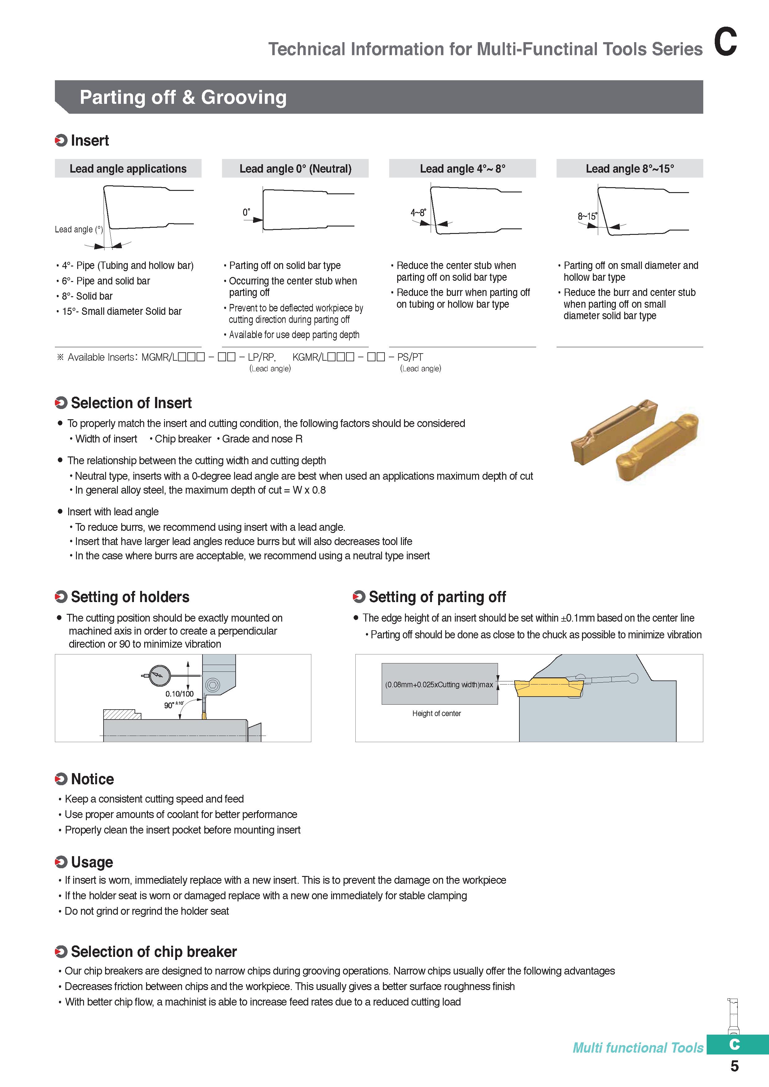 315 Technical Information for Multi-Functinal Tools Series Parting off & Grooving O Insert Lead angle applications Lead angle 0° (Neutral) Lead angle Каталог KORLOY 2020 Режущий и вспомогательный инструмент для станков ЧПУ и универсальных Фрезы с СМП Сверла твердосплавные Резцы токарные Пластины сменные режущие Стр. C5