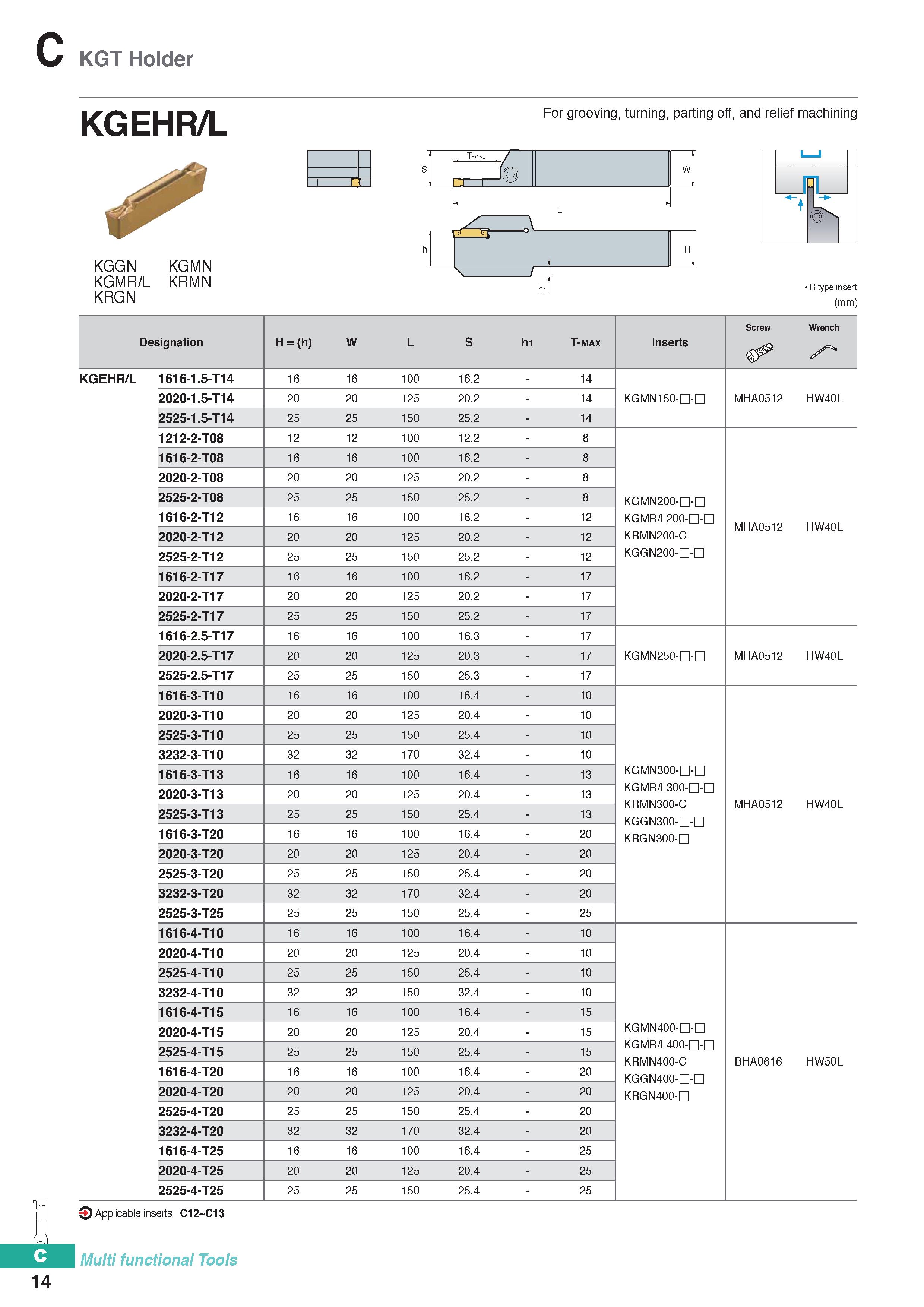 324 KGT Holder KGEHR/L KGGN KGMN KGMR/L KRMN KRGN For grooving, turning, parting off, and relief machining T-max / MAXj i W L H \ / R type insert (mm Каталог KORLOY 2020 Режущий и вспомогательный инструмент для станков ЧПУ и универсальных Фрезы с СМП Сверла твердосплавные Резцы токарные Пластины сменные режущие Стр. C14