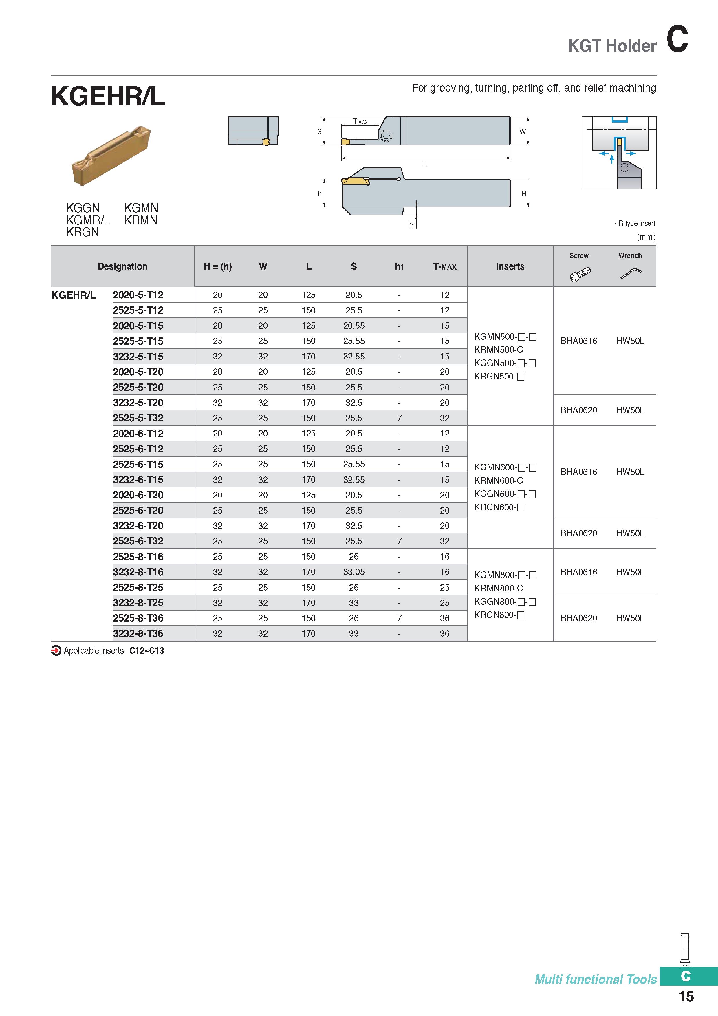325 KGT Holder KGEHR/L KGGN KGMN KGMR/L KRMN KRGN For grooving, turning, parting off, and relief machining ' T-ma / j H R type insert (mm) Designatio Каталог KORLOY 2020 Режущий и вспомогательный инструмент для станков ЧПУ и универсальных Фрезы с СМП Сверла твердосплавные Резцы токарные Пластины сменные режущие Стр. C15