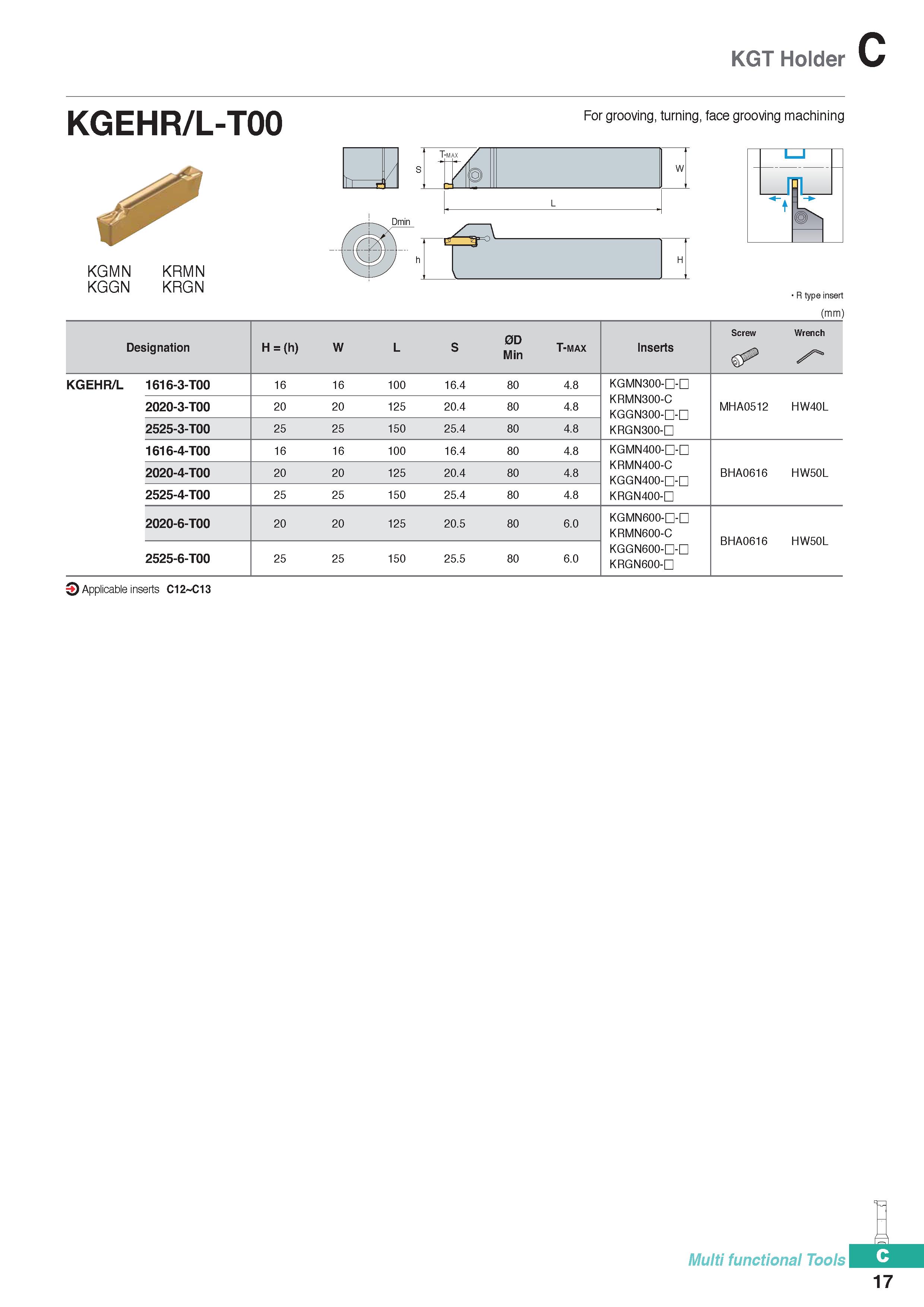 327 KGT Holder KGEHR/L-T00 For grooving, turning, face grooving machining KGMN KRMN KGGN KRGN R type insert (mm) 0D Min Screw Wrench Designation H = Каталог KORLOY 2020 Режущий и вспомогательный инструмент для станков ЧПУ и универсальных Фрезы с СМП Сверла твердосплавные Резцы токарные Пластины сменные режущие Стр. C17