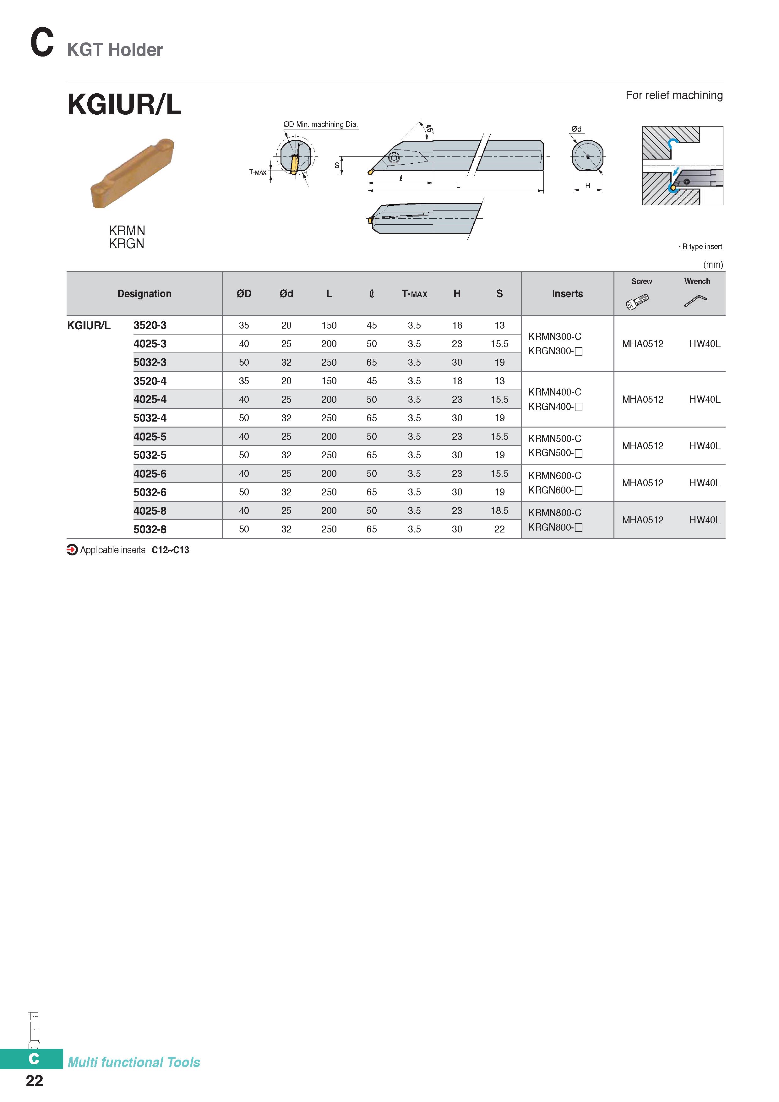 332 KGT Holder KGIUR/L 0D Min machining Dia KRMN KRGN R type insert (mm) Screw Wrench Designation 0D 0d L I T-max H S Inserts KGIUR/L 3520-3 35 20 15 Каталог KORLOY 2020 Режущий и вспомогательный инструмент для станков ЧПУ и универсальных Фрезы с СМП Сверла твердосплавные Резцы токарные Пластины сменные режущие Стр. C22
