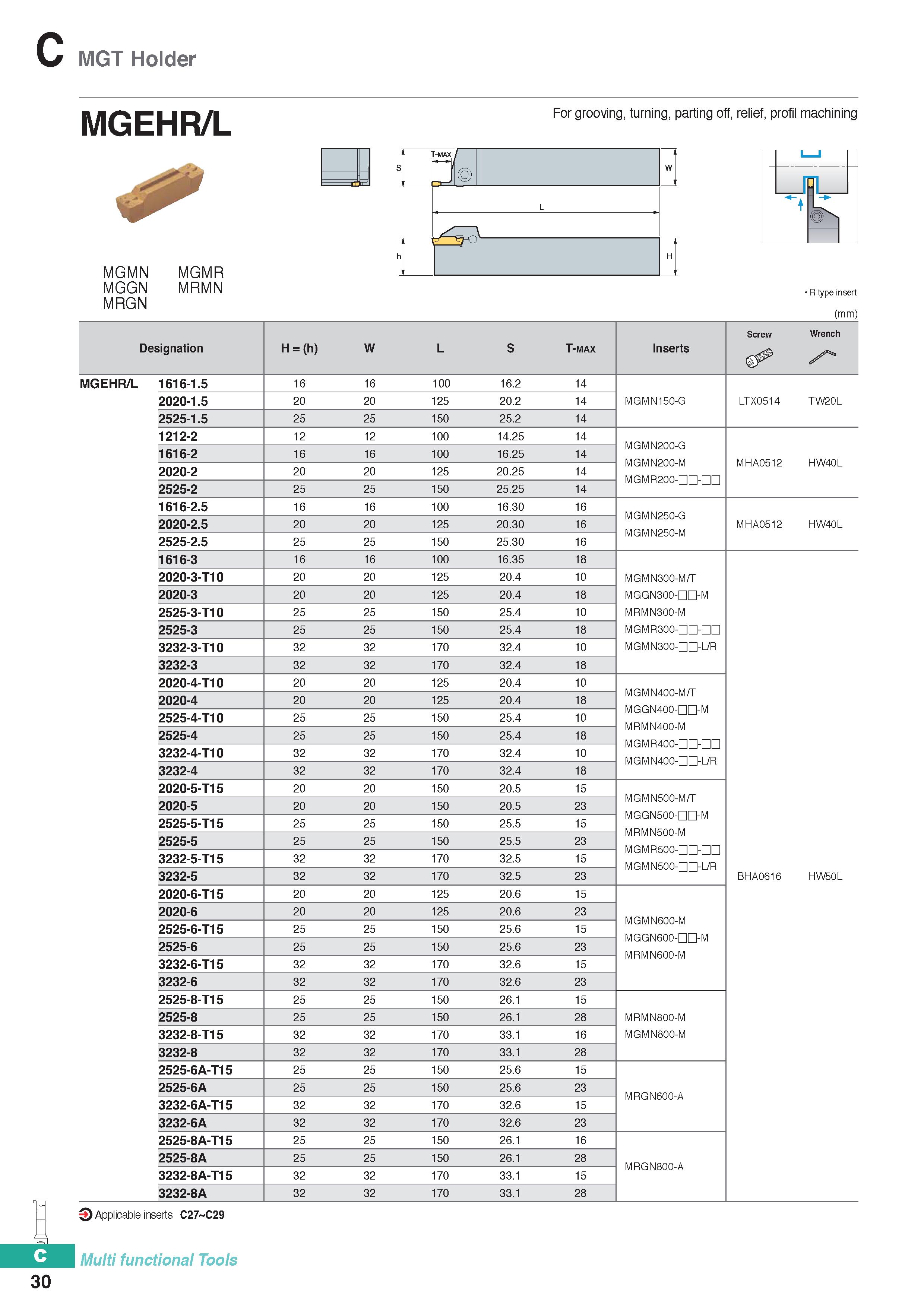 340 MGT Holder 30 MGEHR/L For grooving, turning, parting off, relief, profil machining MGMN MGMR MGGN MRMN MRGN R type insert (mm) Screw Wrench Desig Каталог KORLOY 2020 Режущий и вспомогательный инструмент для станков ЧПУ и универсальных Фрезы с СМП Сверла твердосплавные Резцы токарные Пластины сменные режущие Стр. C30