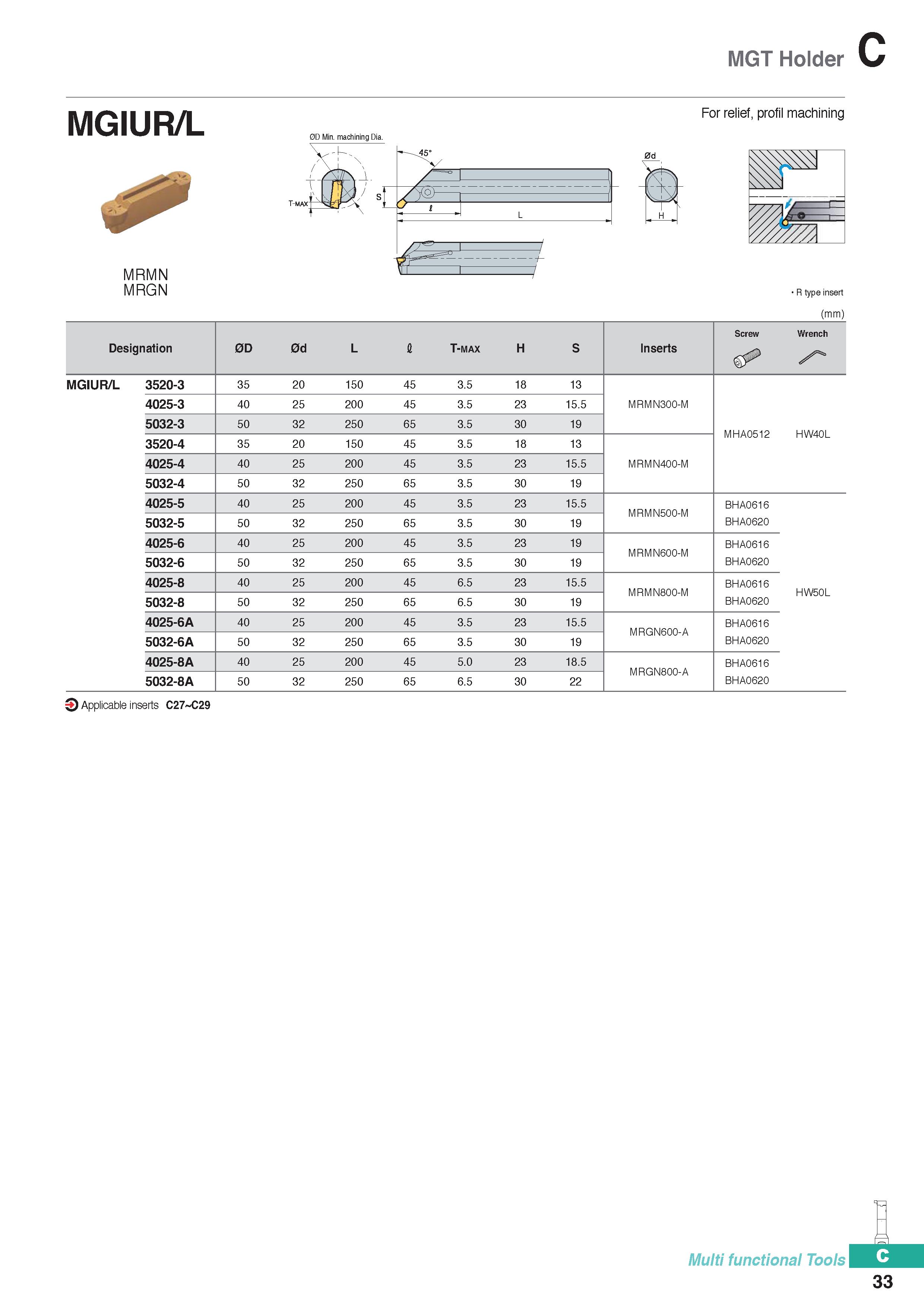 343 MGT Holder 0D Min machining MRMN MRGN Screw Wrench Designation 0D 0d L 1 T-max H S Inserts MGIUR/L 3520-3 35 20 150 45 3 5 18 13 4025-3 40 25 200 Каталог KORLOY 2020 Режущий и вспомогательный инструмент для станков ЧПУ и универсальных Фрезы с СМП Сверла твердосплавные Резцы токарные Пластины сменные режущие Стр. C33