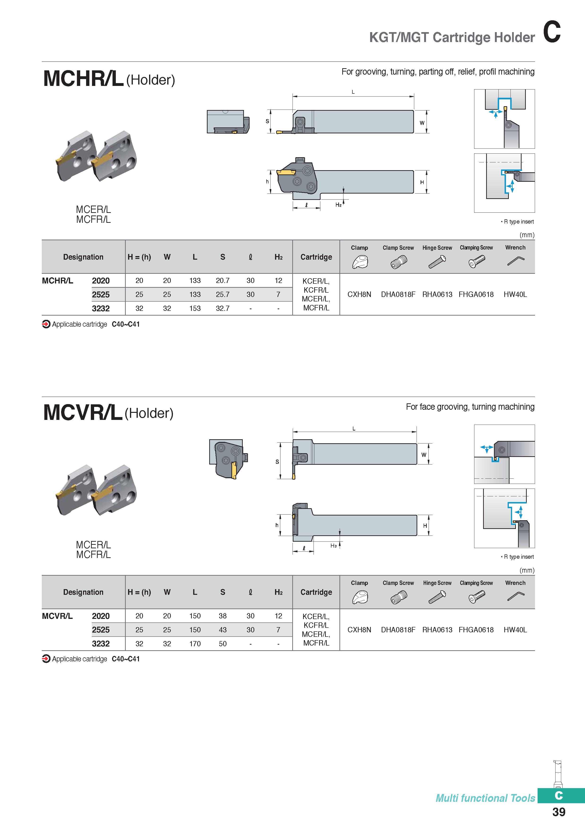 349 KGT/MGT Cartridge Holder MCHR/L (Holder) MCER/L MCFR/L For grooving, turning, parting off, relief, profil machining JHL J ))\ (O) i H H (mm) Desi Каталог KORLOY 2020 Режущий и вспомогательный инструмент для станков ЧПУ и универсальных Фрезы с СМП Сверла твердосплавные Резцы токарные Пластины сменные режущие Стр. C39