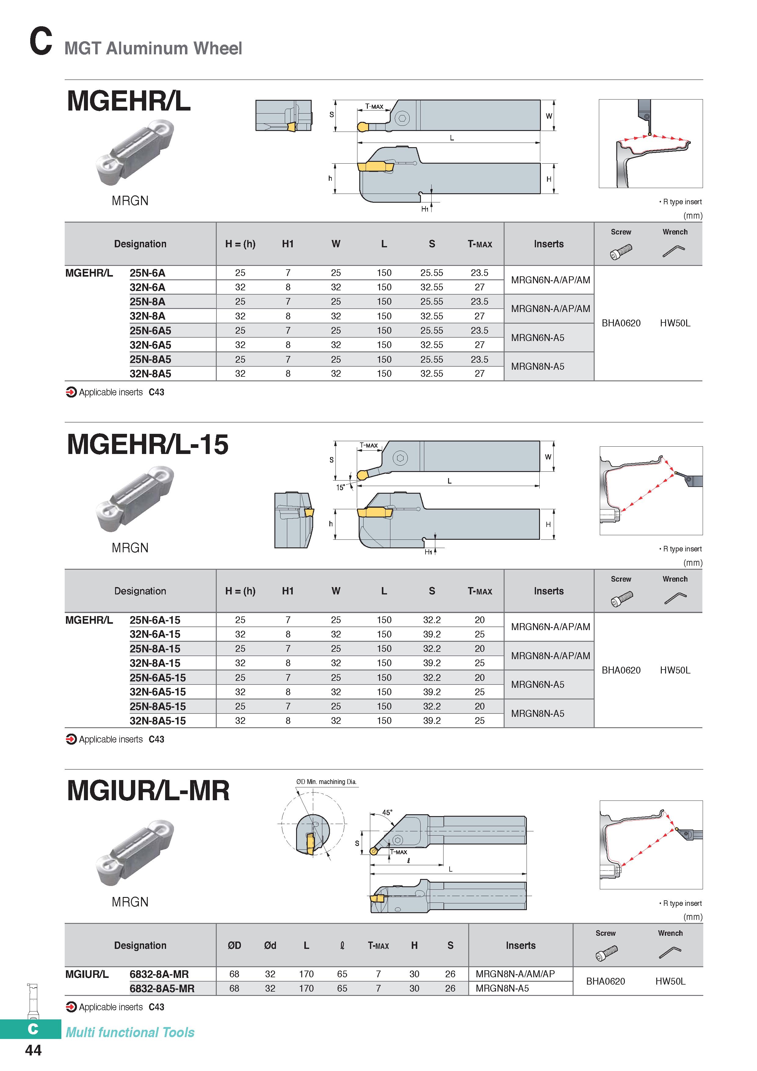 354 MGT Aluminum Wheel MGEHR/L MRGN (mm) Screw Wrench Designation H = (h) H1 W L s T-max Inserts y MGEHR/L 25N-6A 25 7 25 150 25 55 23 5 MRGN6N-A/AP/ Каталог KORLOY 2020 Режущий и вспомогательный инструмент для станков ЧПУ и универсальных Фрезы с СМП Сверла твердосплавные Резцы токарные Пластины сменные режущие Стр. C44