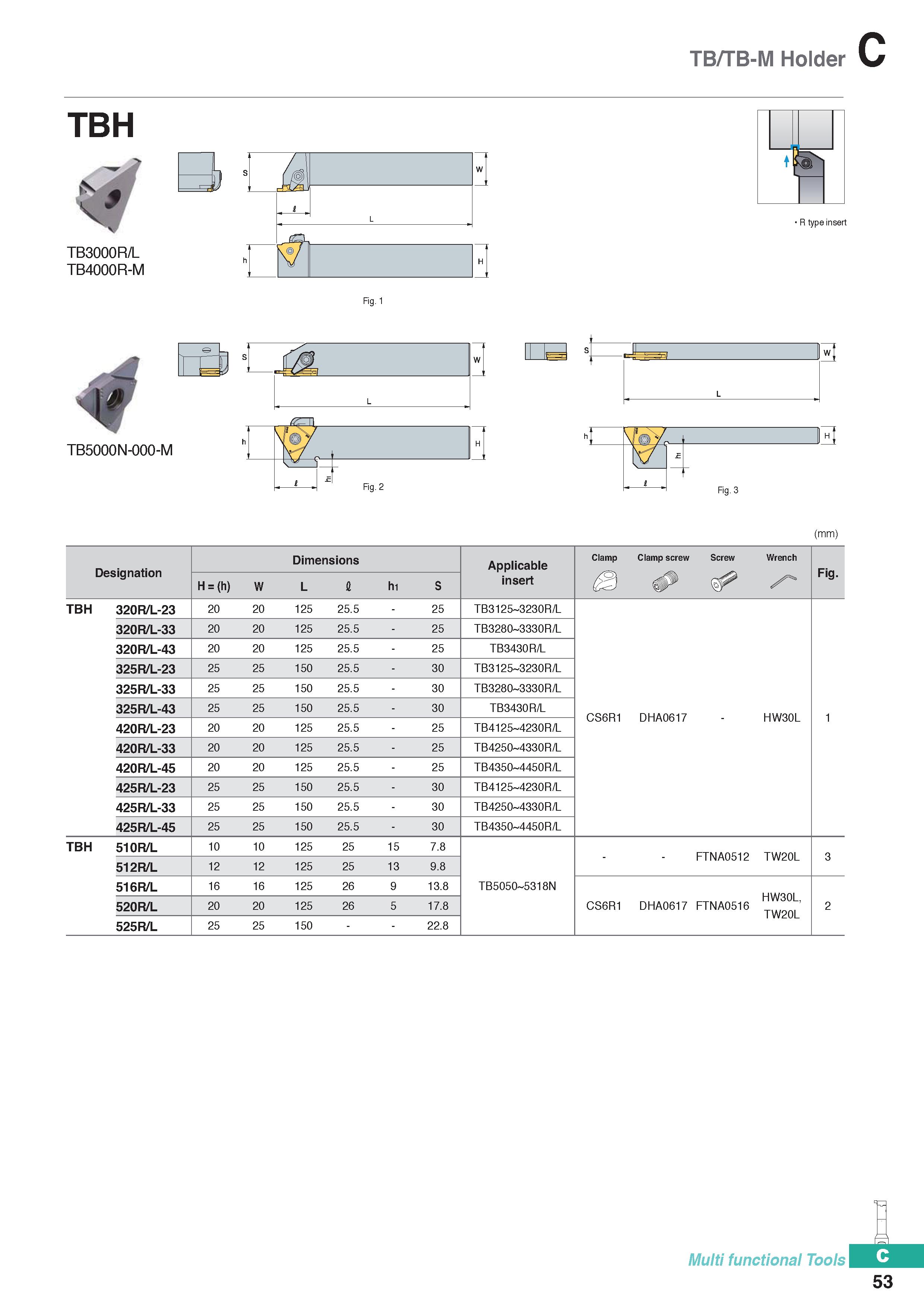 363 TB/TB-M Holder TB3000R/L TB4000R-M SB a R type insert Fig 3 (mm) Designation Dimensions Applicable Clamp Clamp screw Screw Wrench Fig H = (h) W L Каталог KORLOY 2020 Режущий и вспомогательный инструмент для станков ЧПУ и универсальных Фрезы с СМП Сверла твердосплавные Резцы токарные Пластины сменные режущие Стр. C53