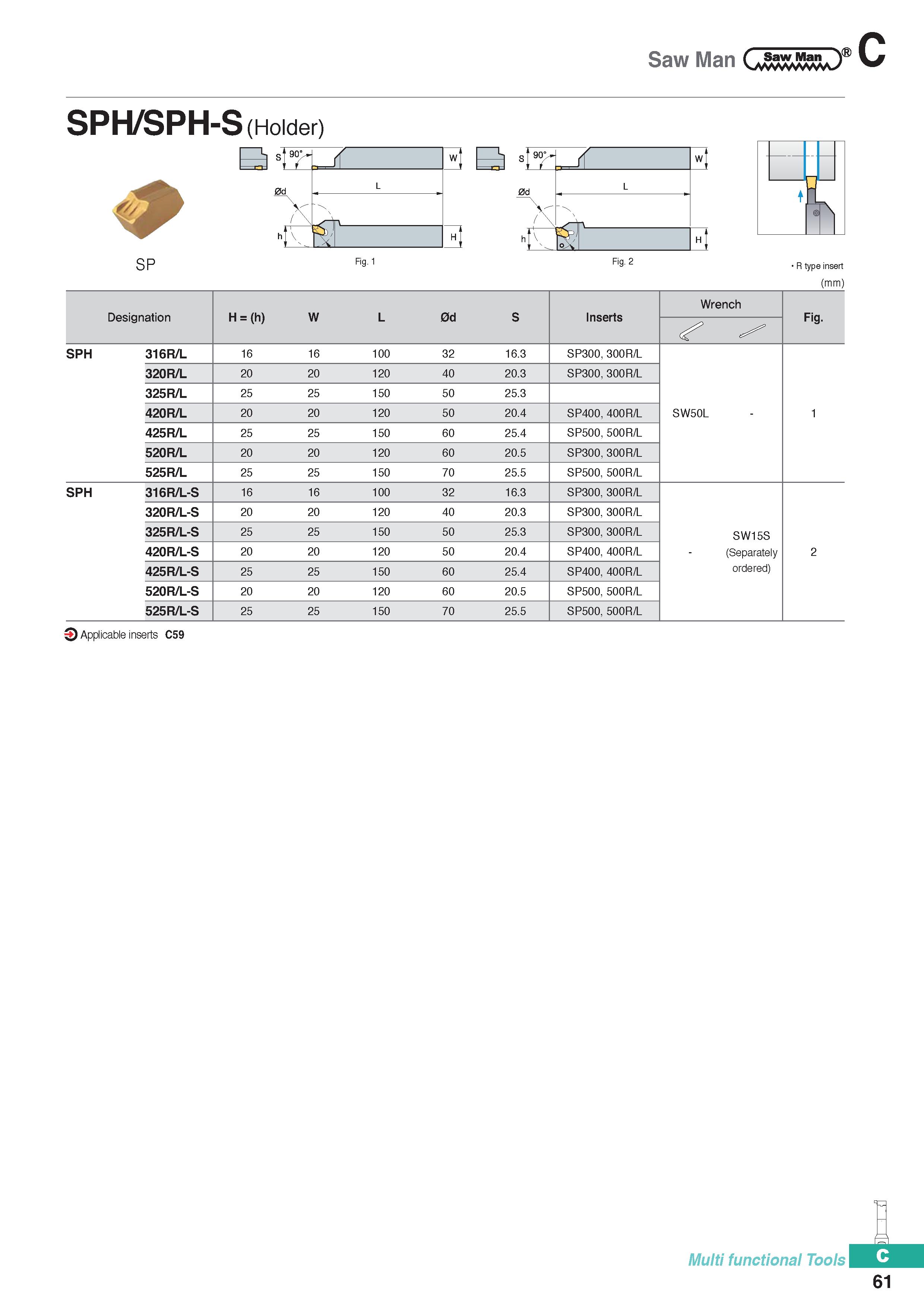 371 Saw Man U55KJ&U/ C SPH/SPH-S (Holder) B SP R type insert (mm) Designation H = (h) W L 0d s Inserts Wrench Fig SPH 316R/L 16 16 100 32 16 3 SP300, Каталог KORLOY 2020 Режущий и вспомогательный инструмент для станков ЧПУ и универсальных Фрезы с СМП Сверла твердосплавные Резцы токарные Пластины сменные режущие Стр. C61